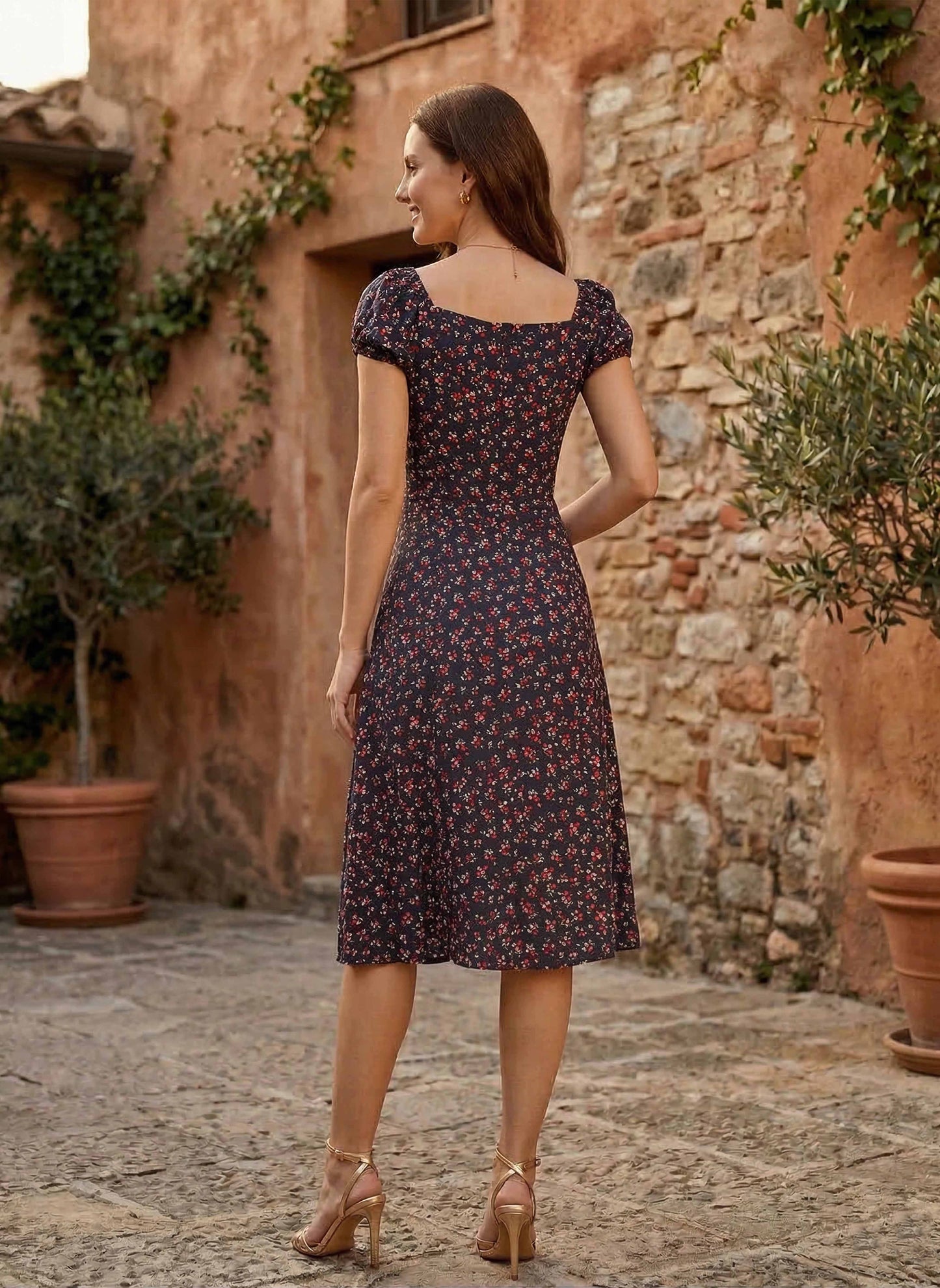 Berrylush Women Navy Blue Ditsy Floral Printed A-Line Flared Midi Dress