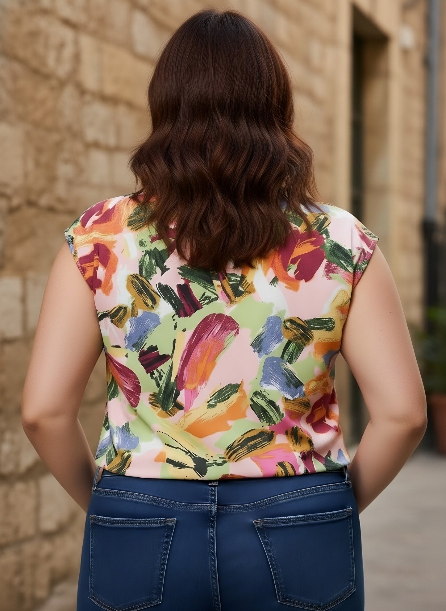 Berrylush Curve Women Pink & Multicolour Abstract Printed Mandarin Collar Neck Short Sleeves Regular Top