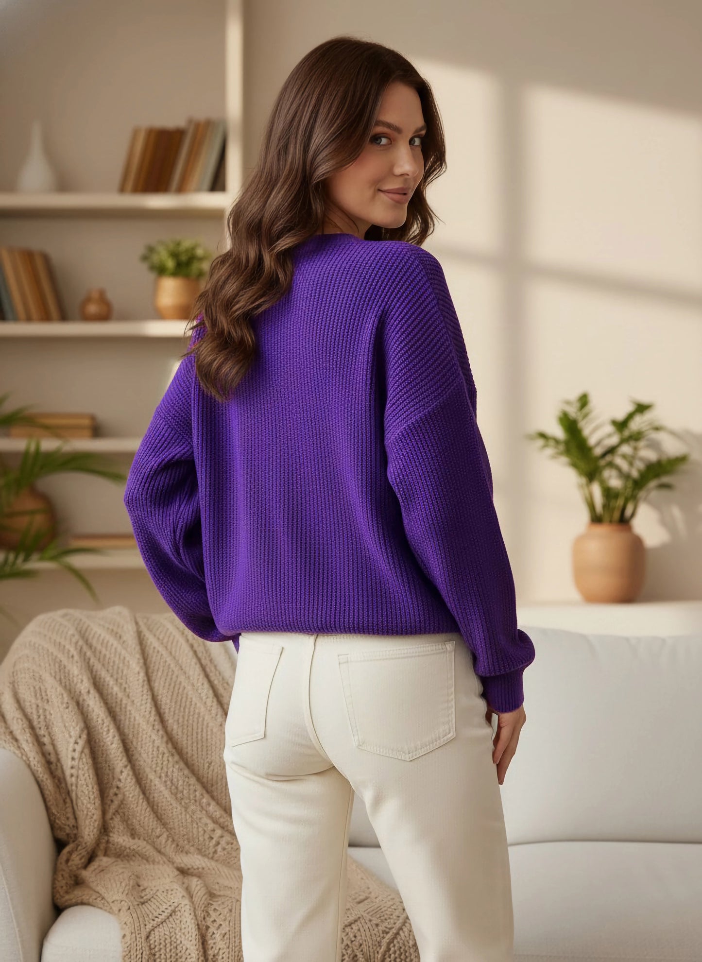 Berrylush Women Solid Purple V-Neck Acrylic Straight Hem Regular Pullover