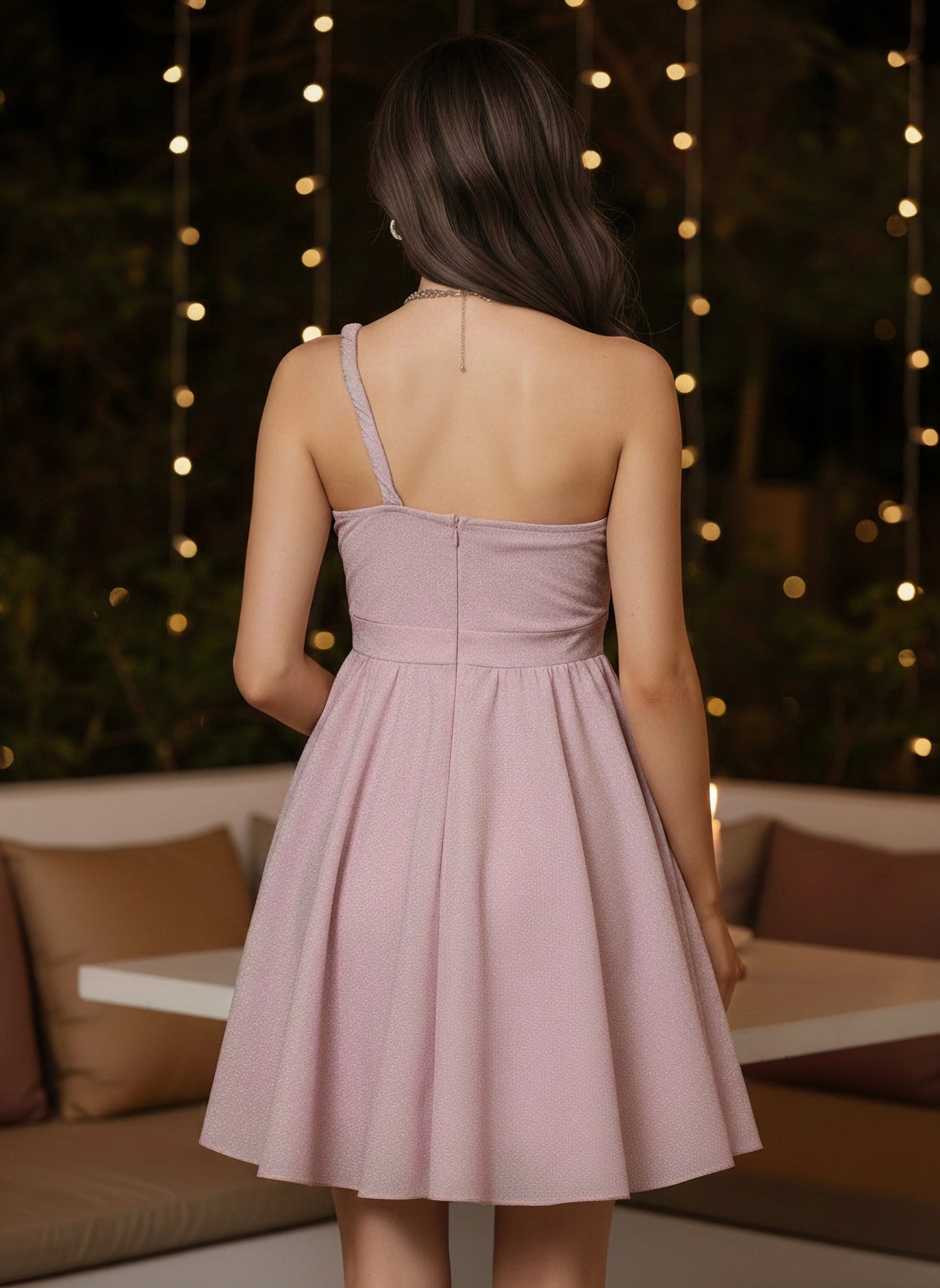 Solid Pink One-Shoulder Neck Sleeveless Net Pleated Fit & Flare Mini Dress