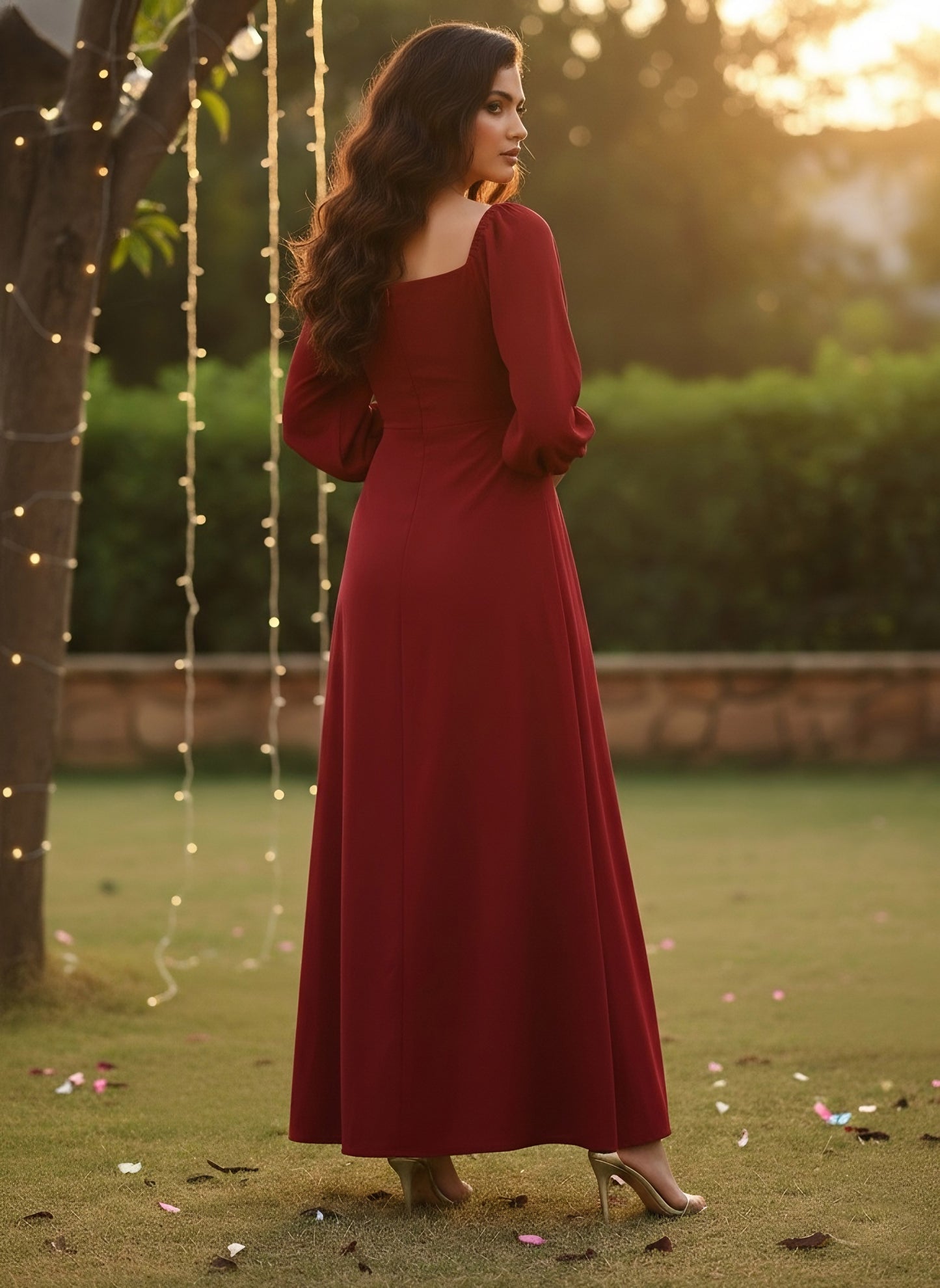 Berrylush Women Solid Red Puffed Sleeve Maxi Dress