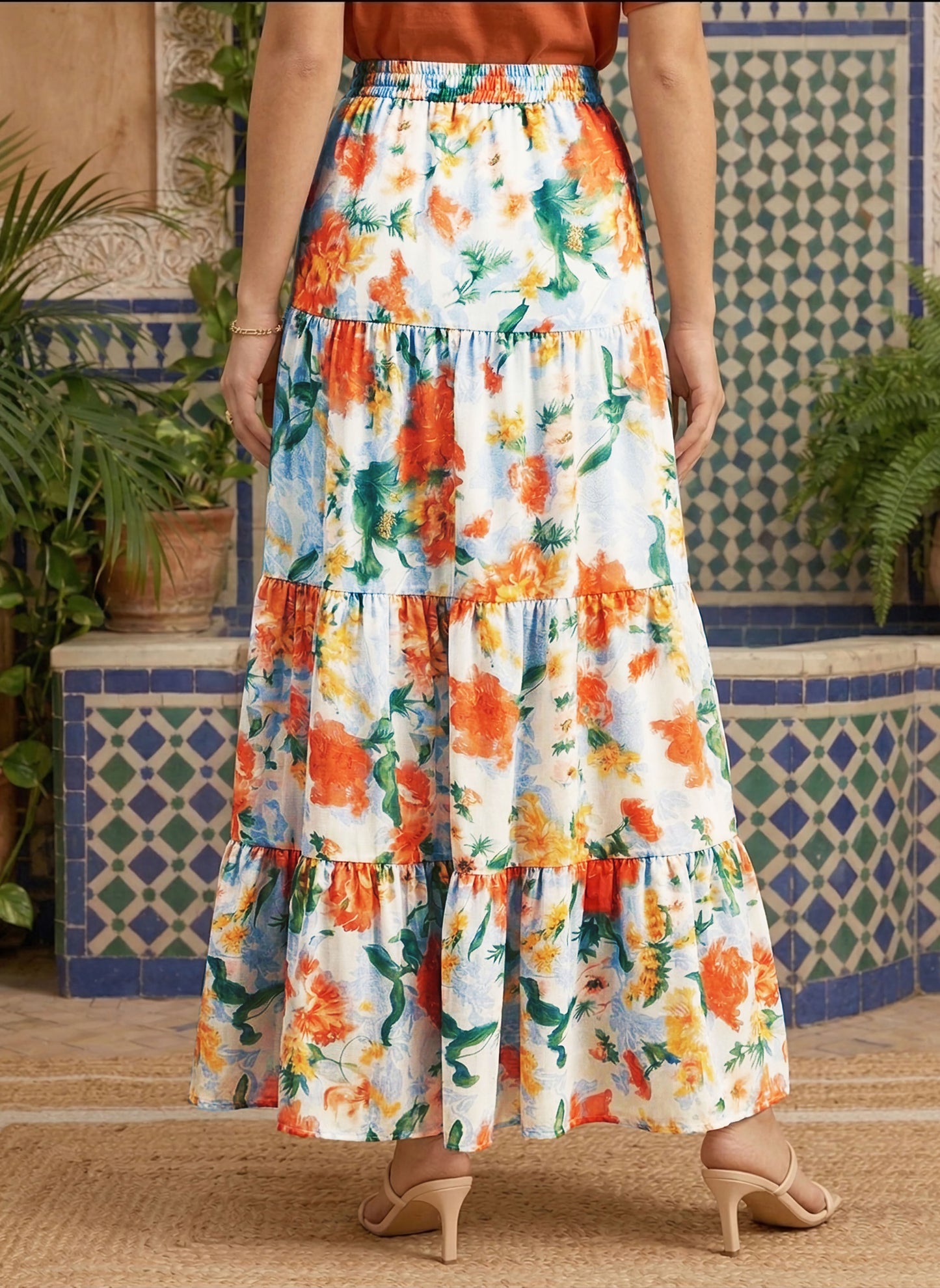 Blue & Orange Floral Printed High-Rise Elastic Waist Front Thigh-High Slit Gathered A-Line Maxi Skirt