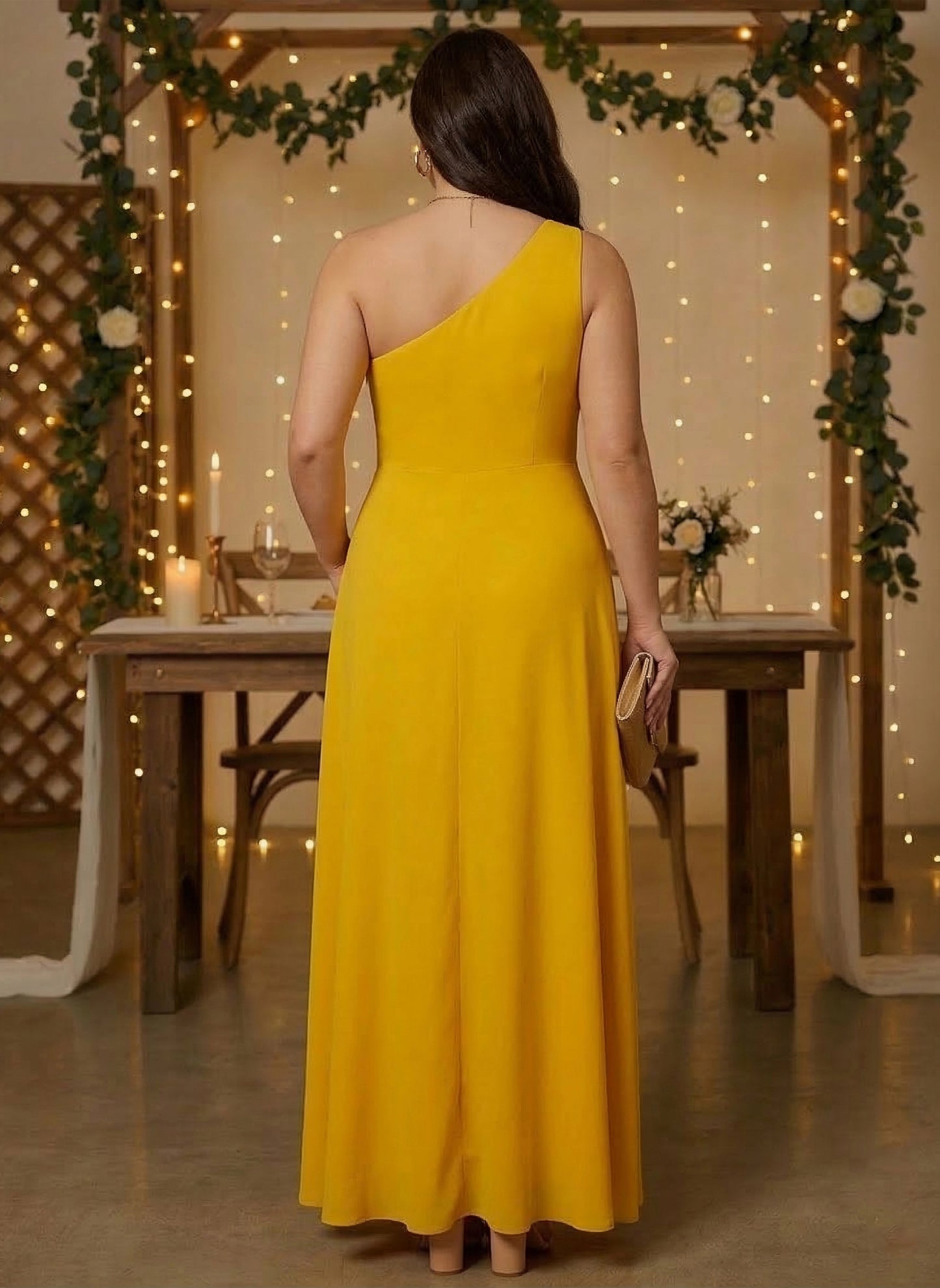 Berrylush Women Plus Size Solid Yellow One-Shoulder Neck Crepe Thigh-High Slit Flared Maxi Dress