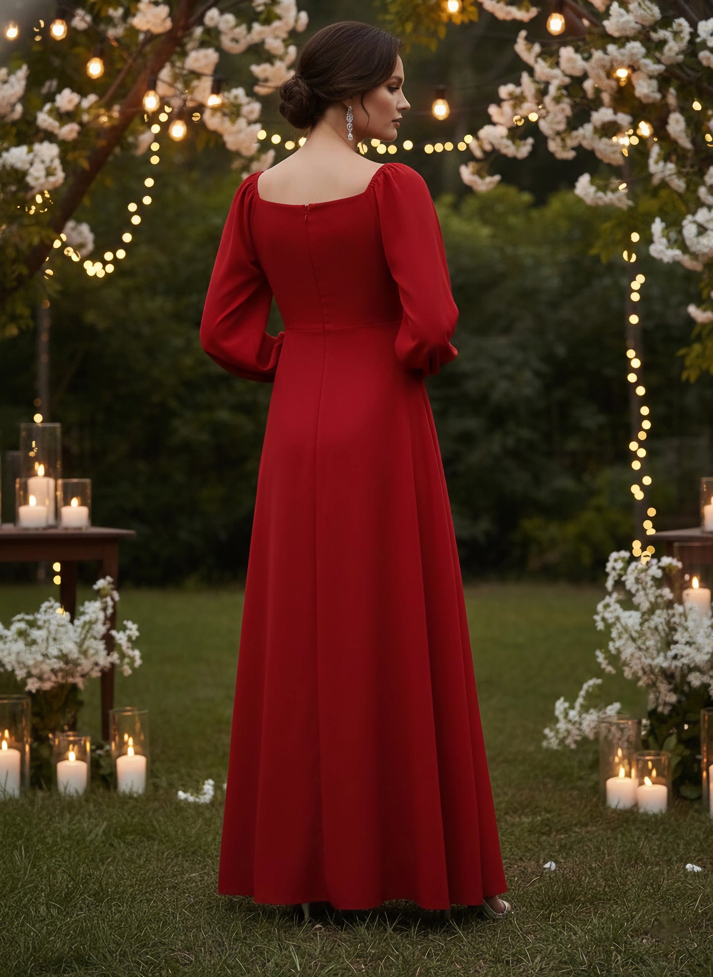 Berrylush Women Solid Red Square-Neck Thigh-Slit Maxi Dress