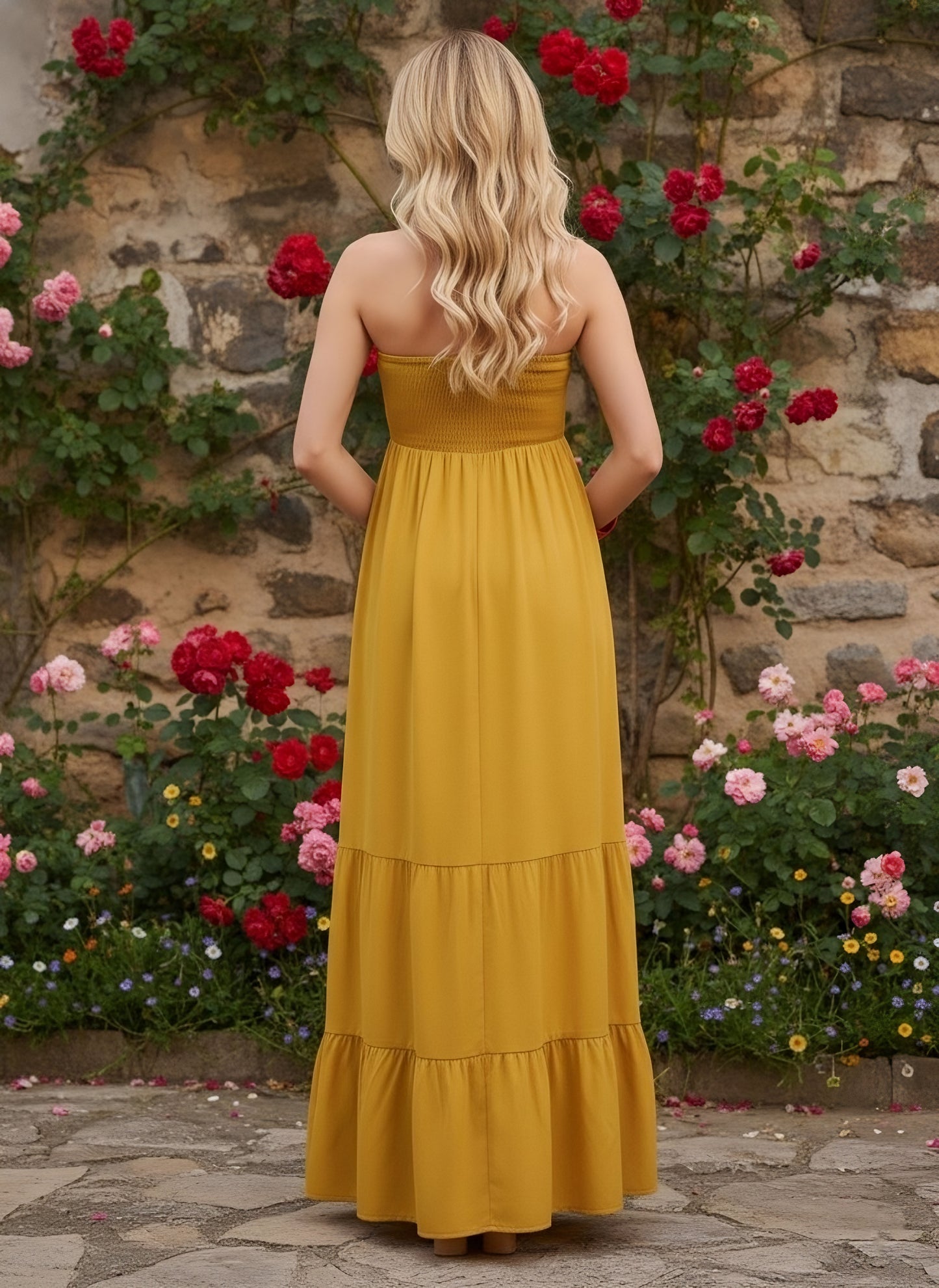 Berrylush Women Yellow Solid Strapless Smocked A-Line Maxi Dress