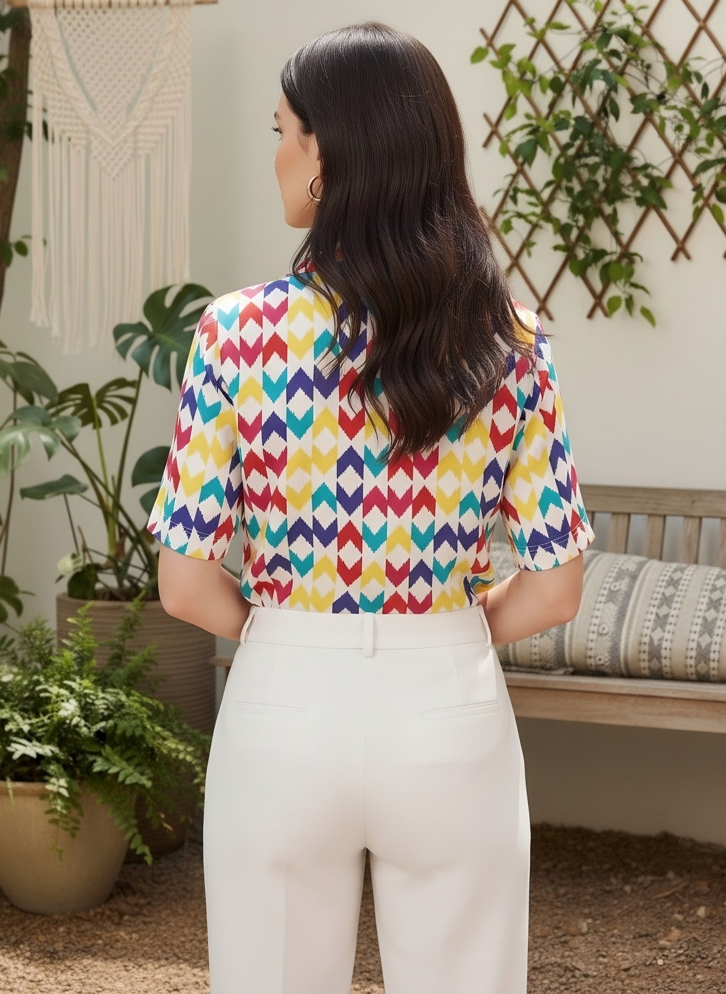 Berrylush BIZwear Women White & Multicolour Geometric Printed Collar Neck Front Button Regular Top