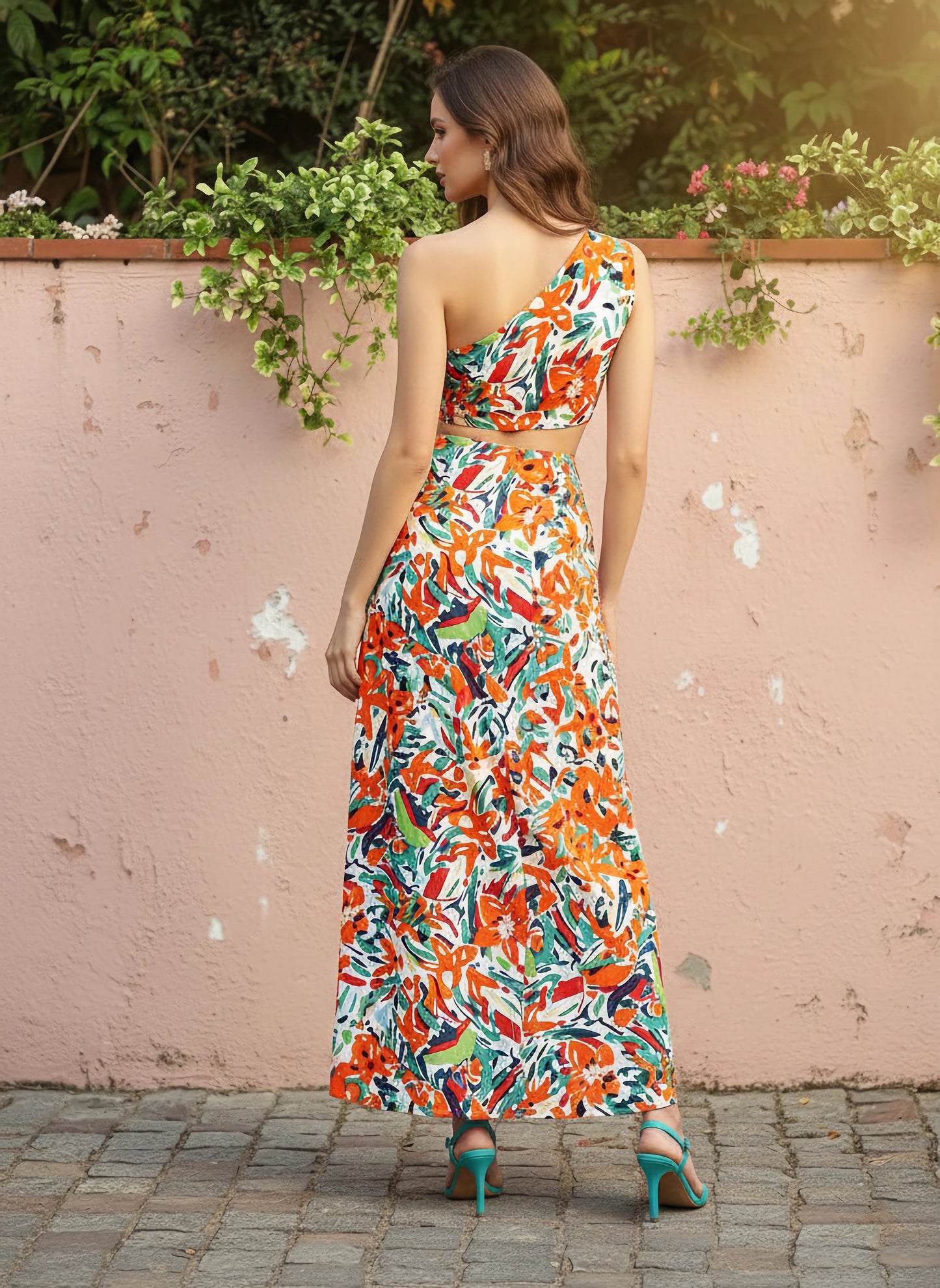 Berrylush Women White & Orange Brushstroke Printed One-Shoulder Neck Thigh-High Slit Maxi Co-Ordinate Set