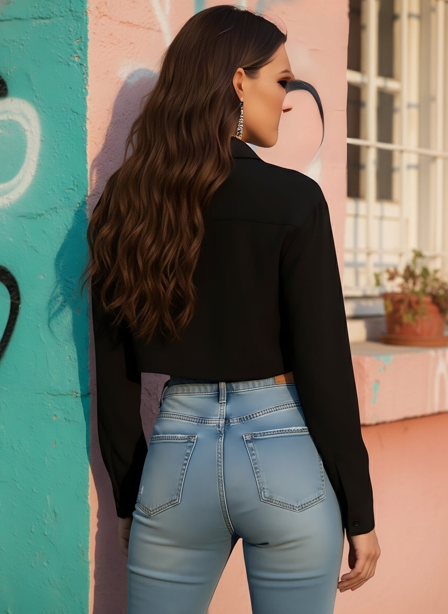 Berrylush Women Solid Black Spread Collar Neck Long Sleeves Button-Up Front Pocket Curved Hem Crop Shirt