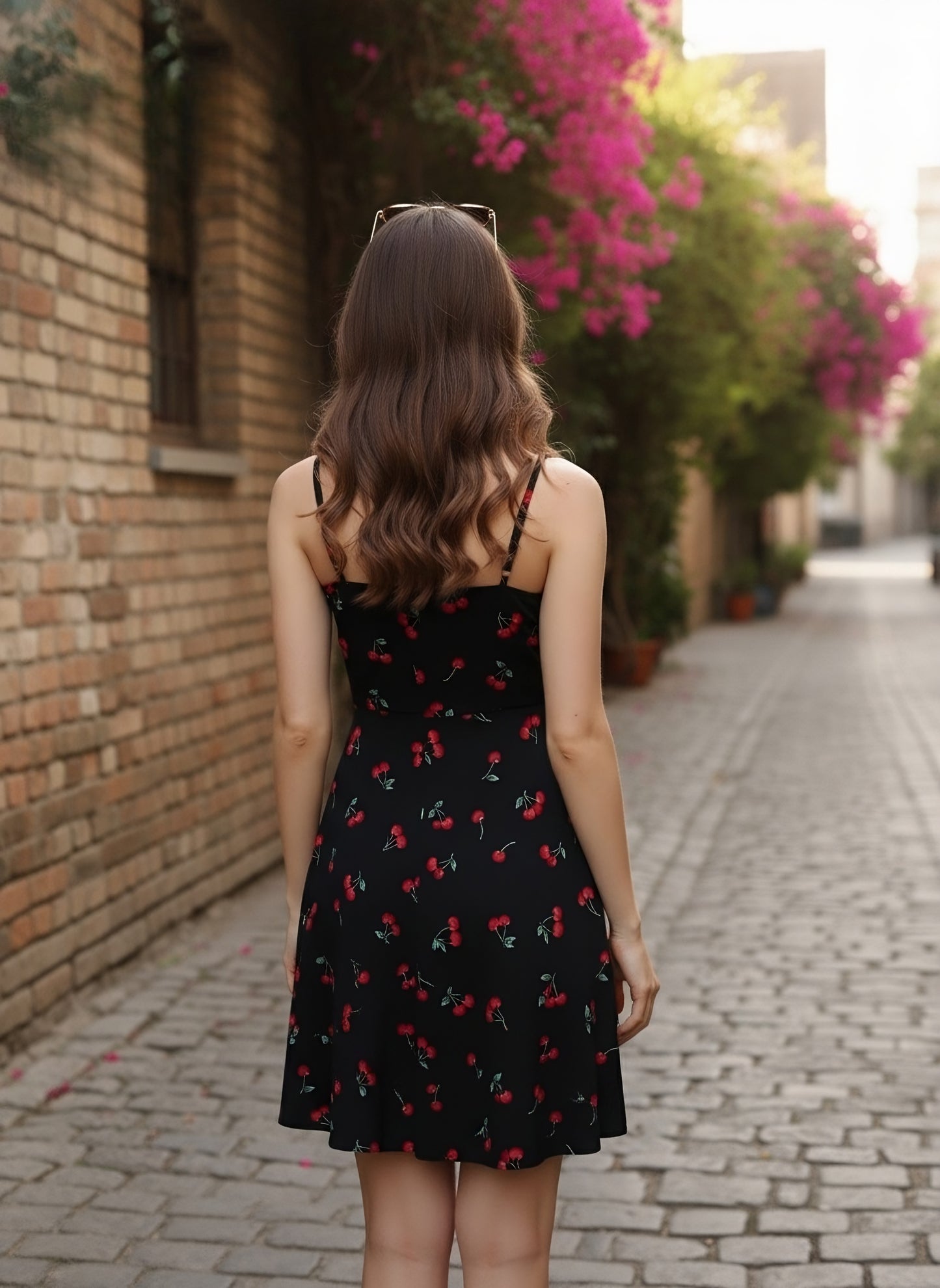 Berrylush Women Black & Red Cherry Printed Square Neck Crepe Flared A-Line Mini Dress