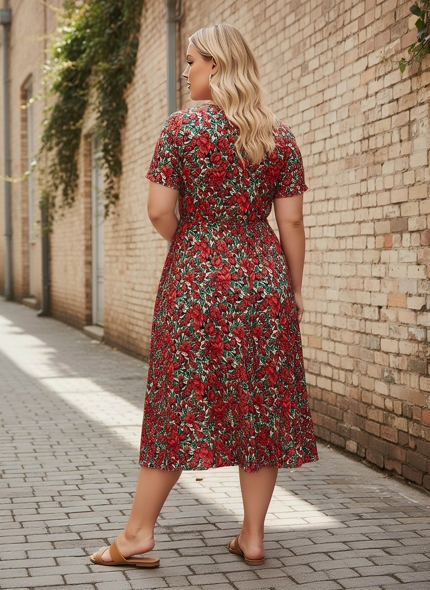 Berrylush Women Plus Size Red & Green Floral Printed V-Neck Crepe Flared Wrap Midi Dress