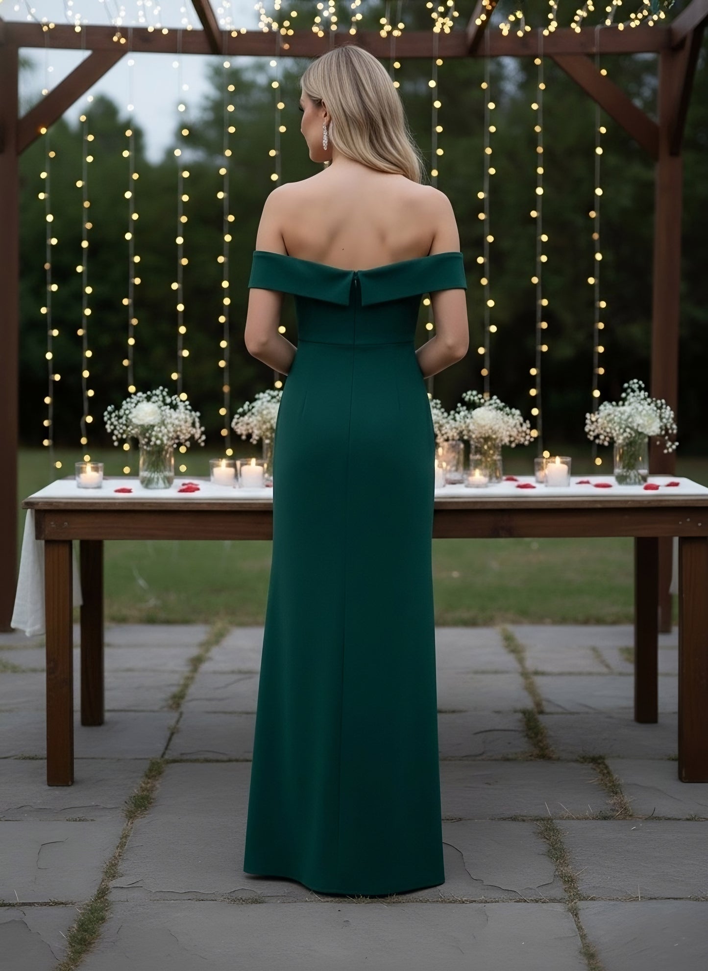 Berrylush Women Solid Green Off-Shoulder Neck Crepe Thigh-High Slit Flared A-Line Maxi Dress