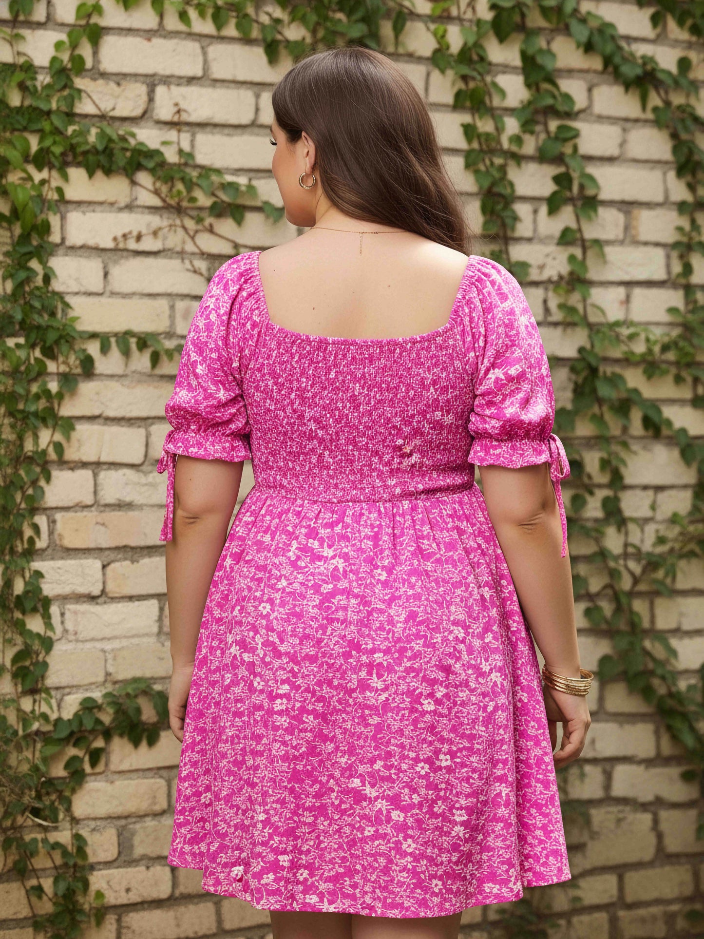 Berrylush Curve Women Pink & White Floral Printed Square Neck Bishop Sleeves Tie-Up Smocked A-Line Mini Dress