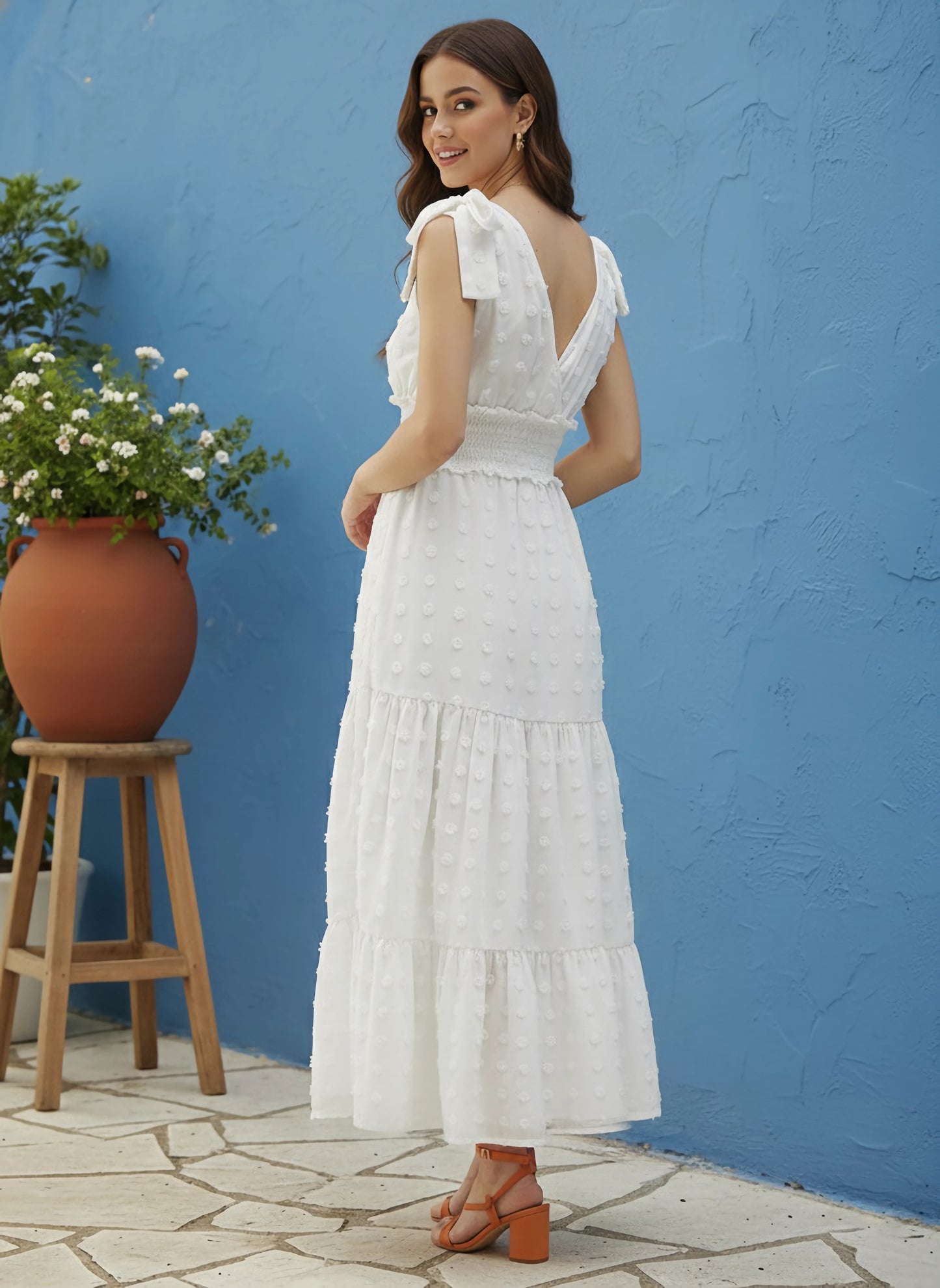 Berrylush Women White Self-Design Pattern V-Neck Sleeveless Tie-Up Straps Smocked Maxi Dress