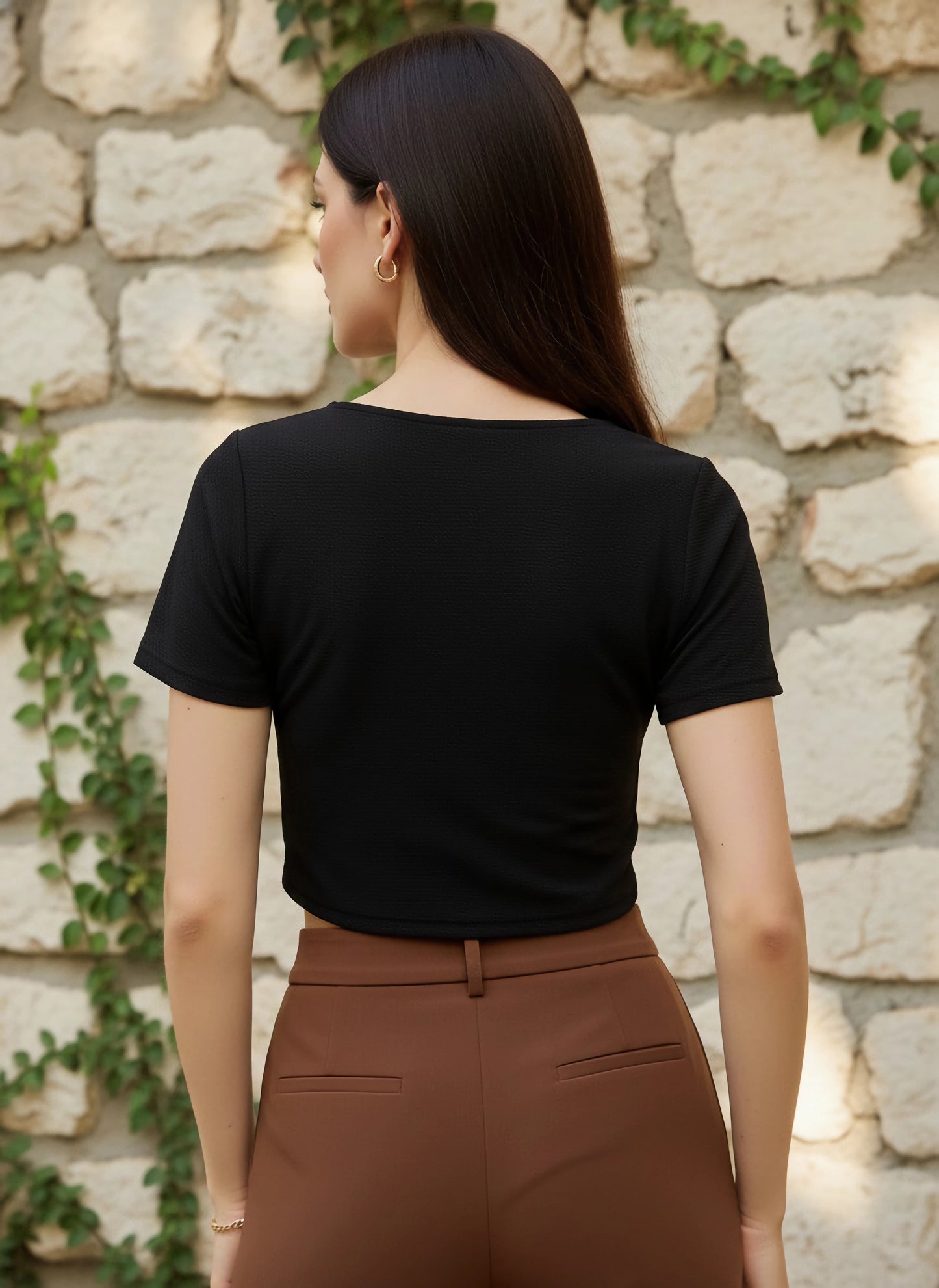 Solid Black V-Neck Short Sleeves Twisted Front High-Low Hem Knitted Crop Top