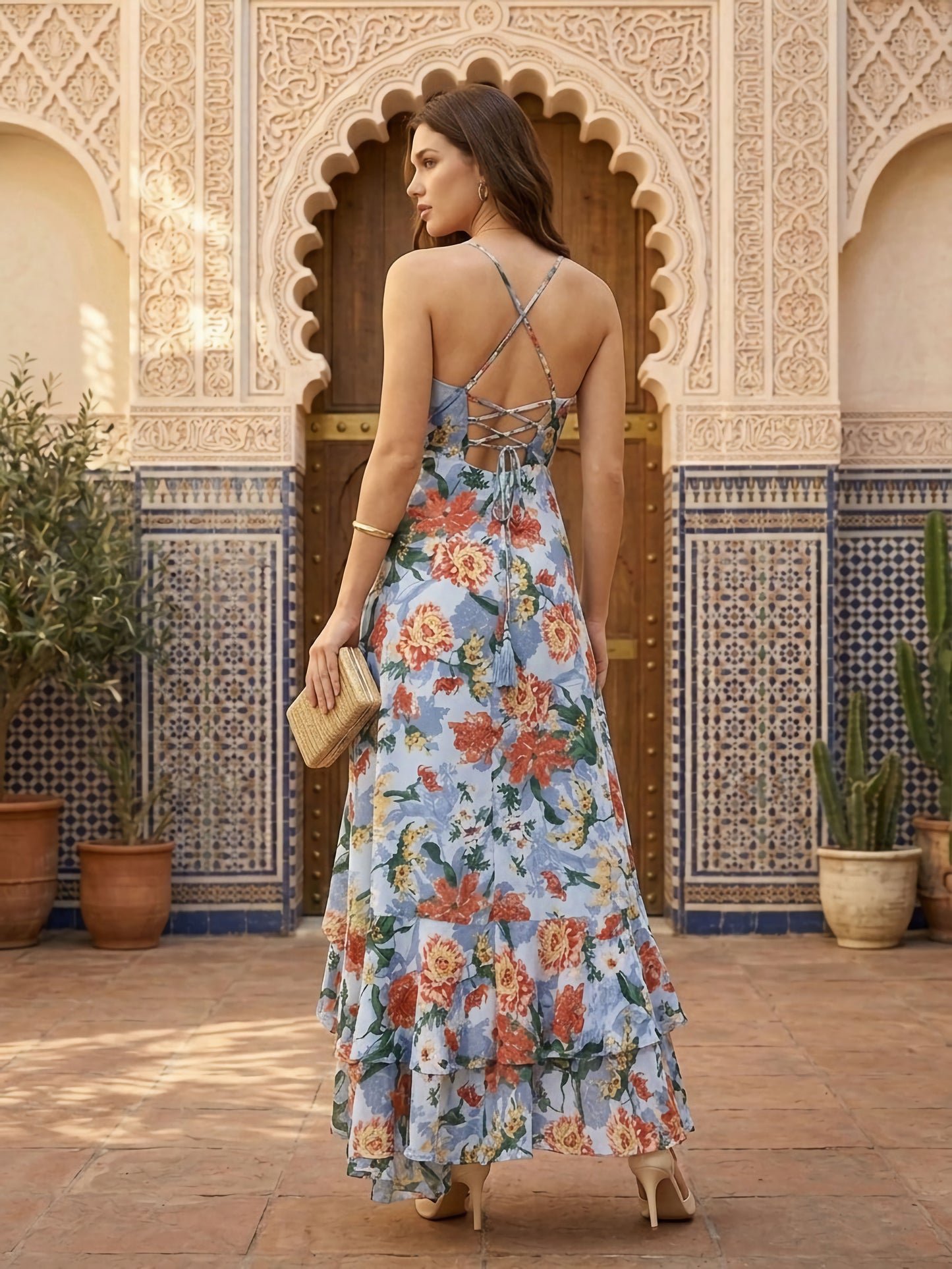Berrylush Women Blue Floral Printed V-Neck Lace-Up Crepe Maxi Dress
