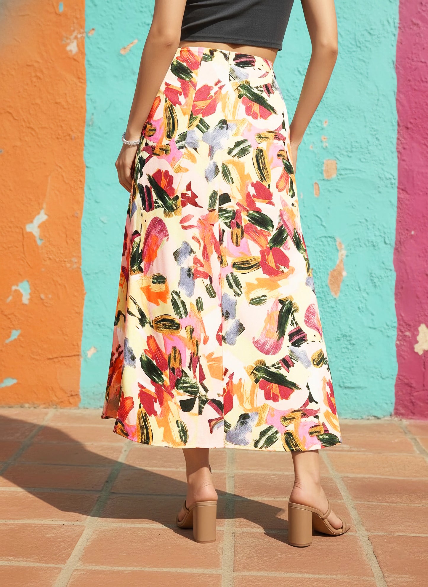 Berrylush Women Pink Brushstroke Printed Thigh-Slit Midi Skirt