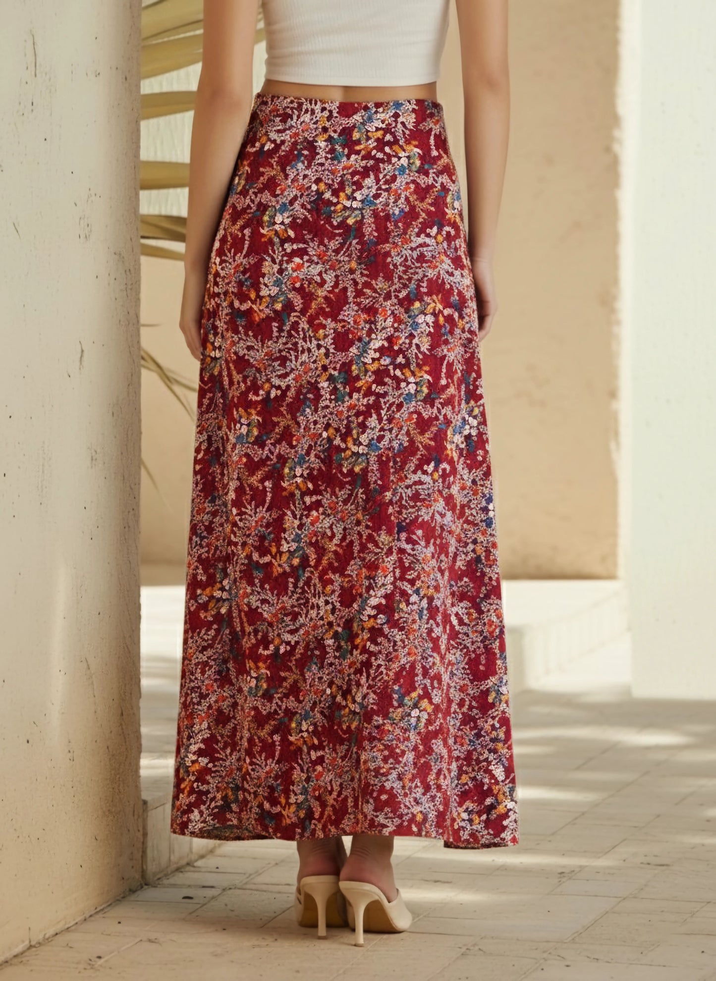 Berrylush Women Maroon & Blue Floral Printed High-Rise Waist Crepe Side-Slit Flared A-Line Maxi Skirt