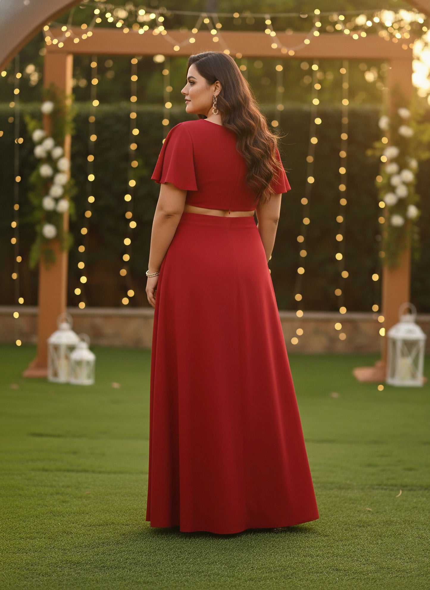 Plus Size Solid Red Round Neck Cutout Crepe Thigh-High Slit Fit & Flare Maxi Dress