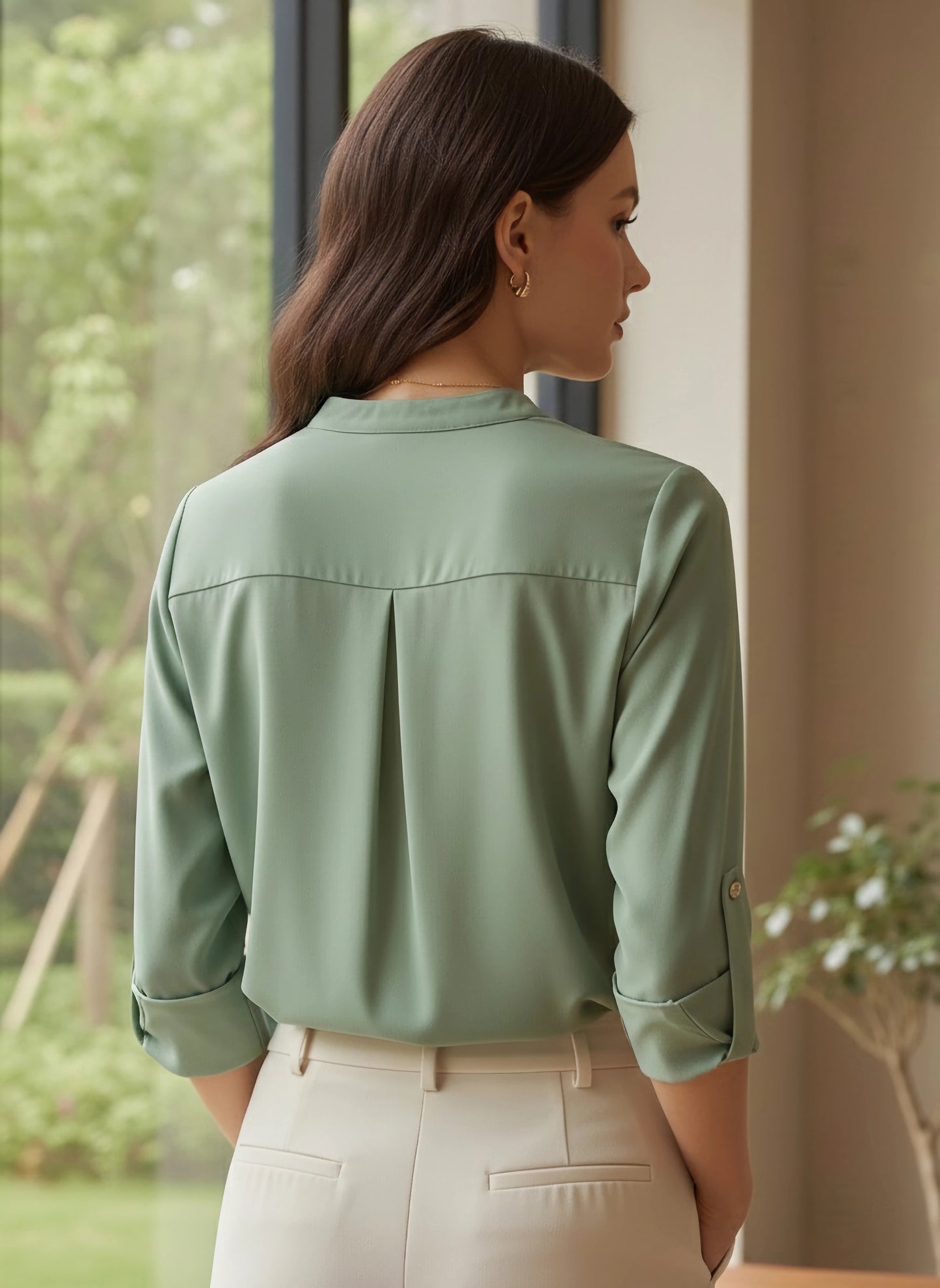Berrylush BIZwear Women Solid Green Mandarin Collar Neck Long Sleeves Curved Hem Regular Shirt