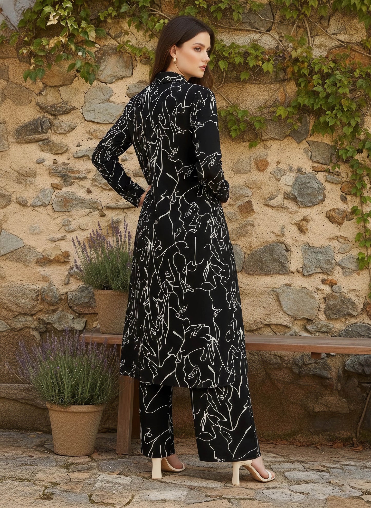 Berrylush Women Black & White Abstract Printed Spread Collar Neck Longline Top & Elastic Waist Trousers Co-Ord Set