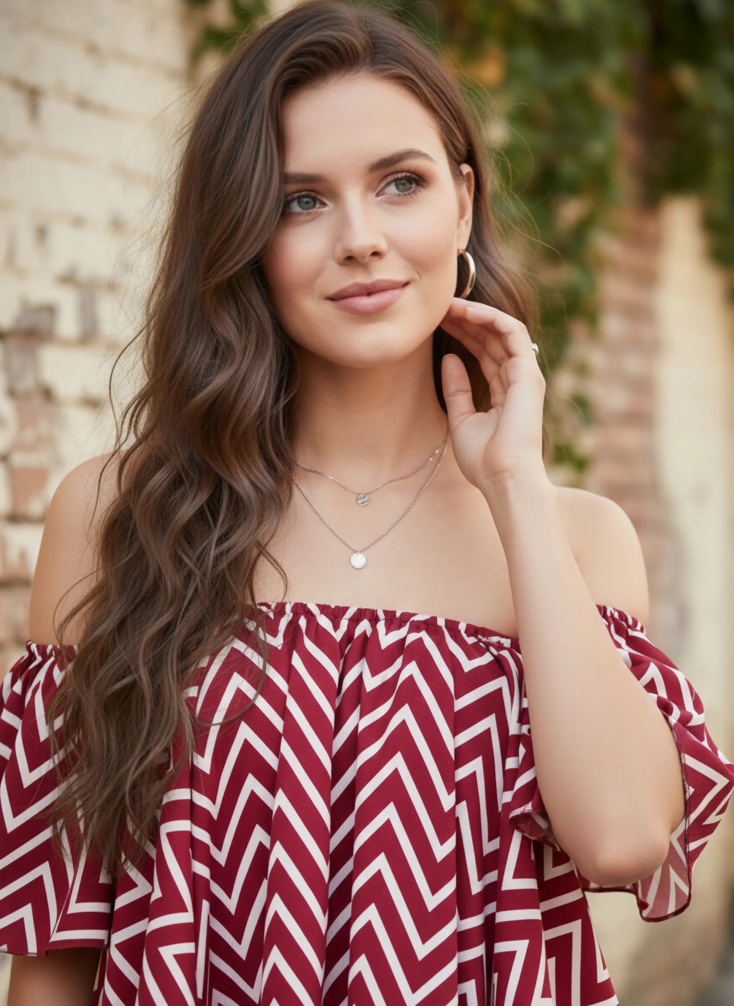 Berrylush Women Red & White Geometric Printed Off-Shoulder Neck Ruffled Crop Bardot Top