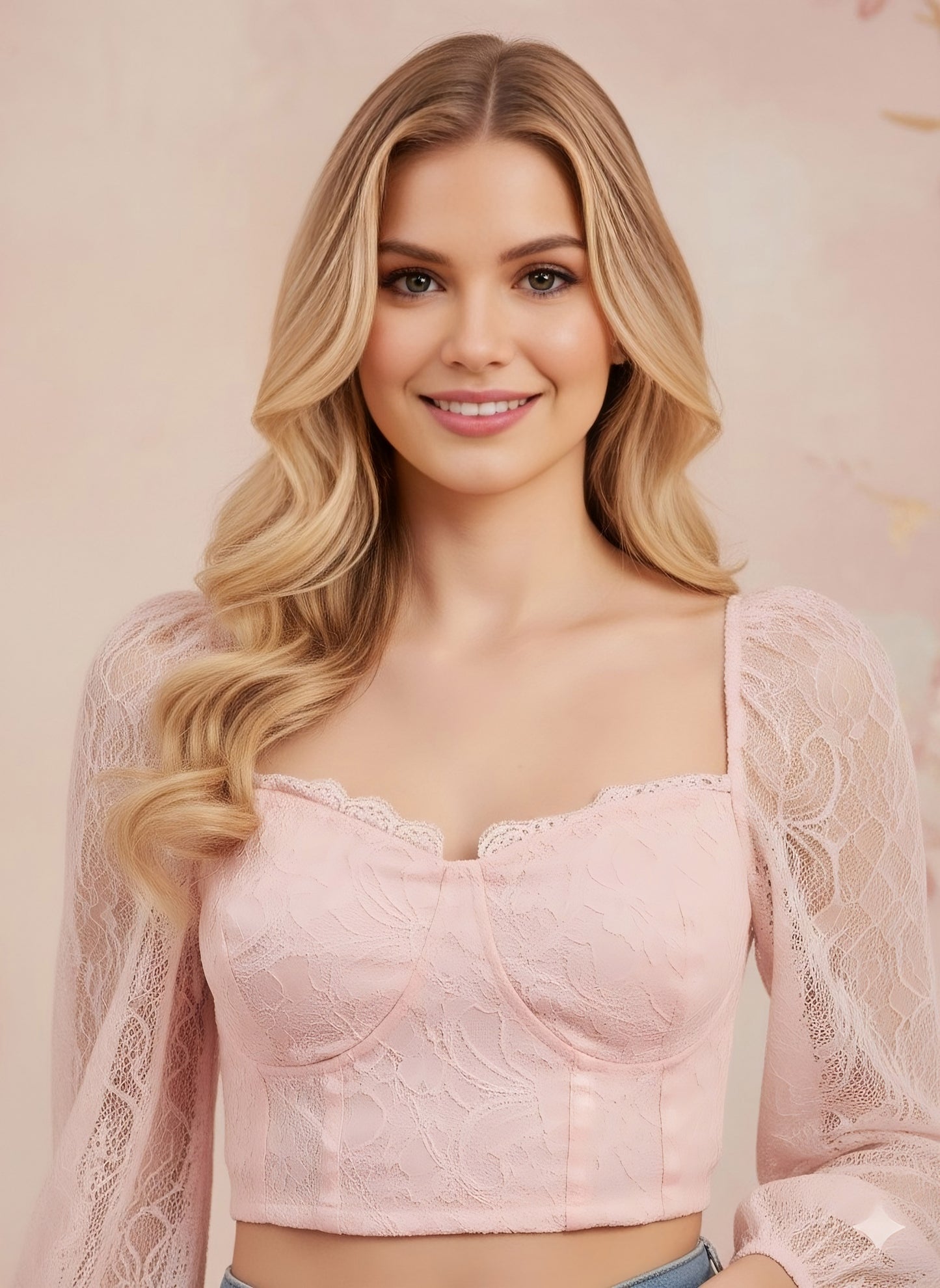 Berrylush Women Solid Pink Sweetheart Neck Puff Sleeves Cotton Back Zipper-Up Lace Knitted Crop Top