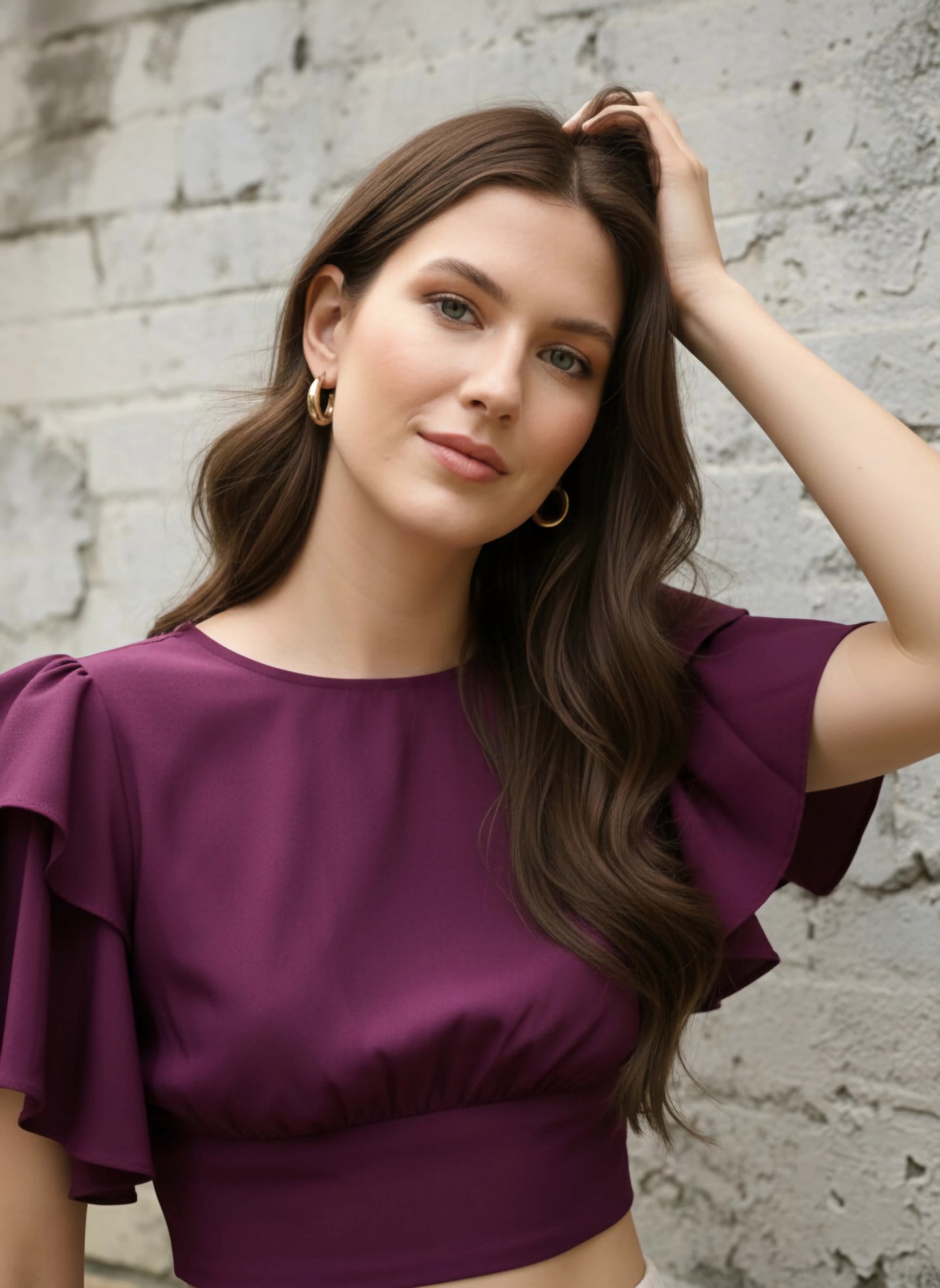 Berrylush Women Solid Purple Flutter Sleeves Blouson Crop Top