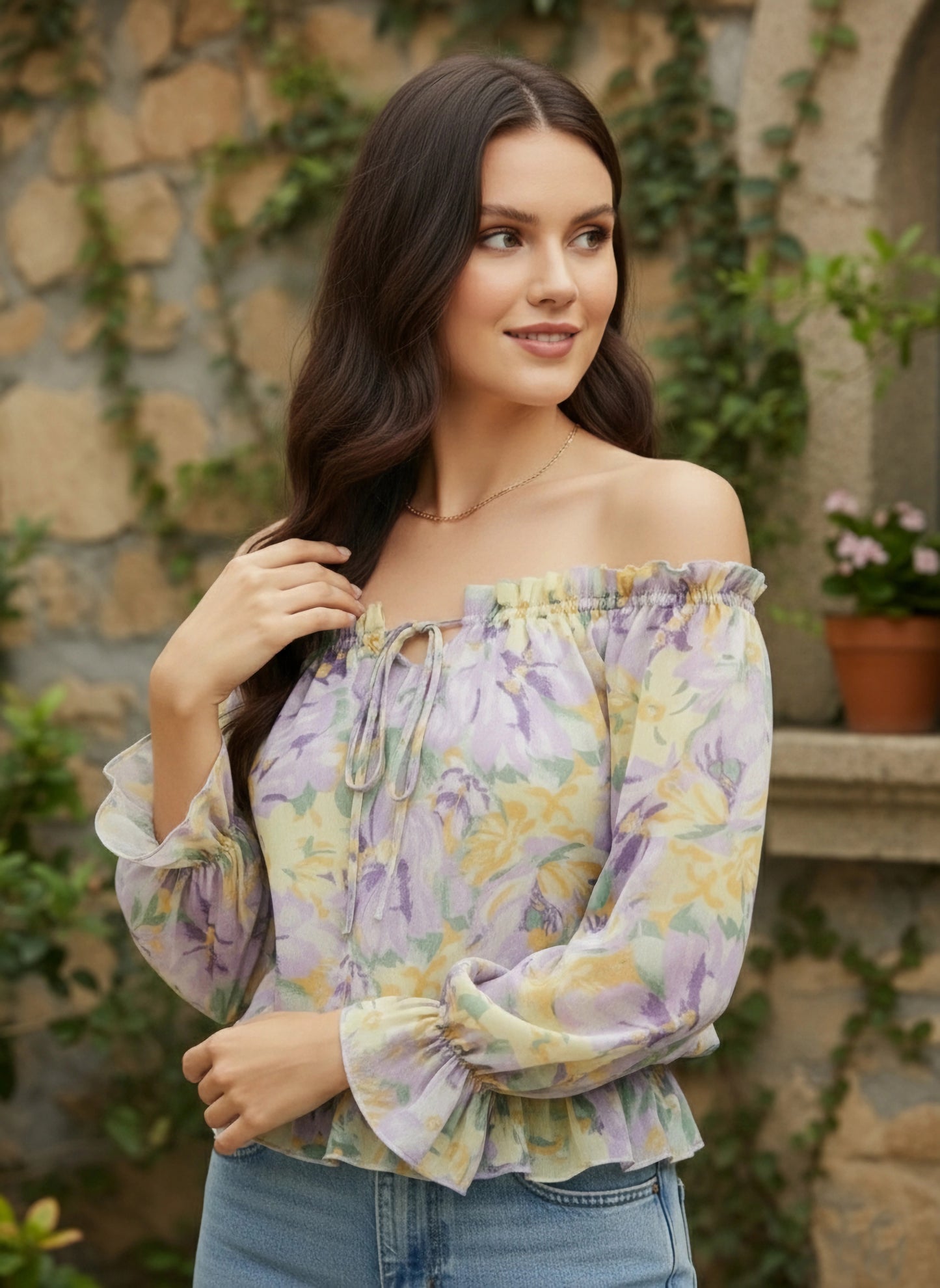 Purple & Yellow Floral Printed Off-Shoulder Neck Tie-Up Ruffled Regular Peplum Top