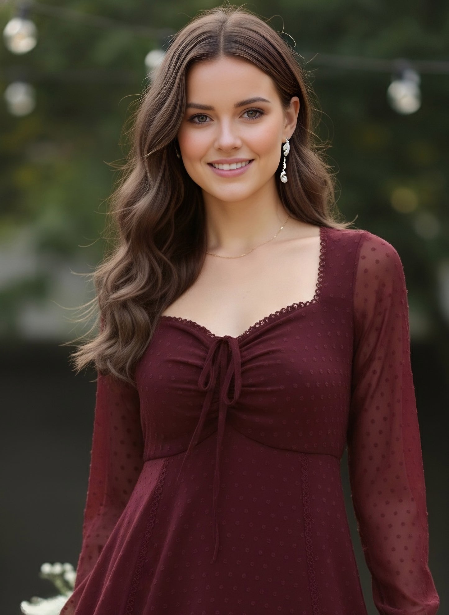 Berrylush Women Solid Maroon Dobby Weave Sweetheart Neck Tie-Up Backless Georgette Layered Fit & Flare Maxi Dress