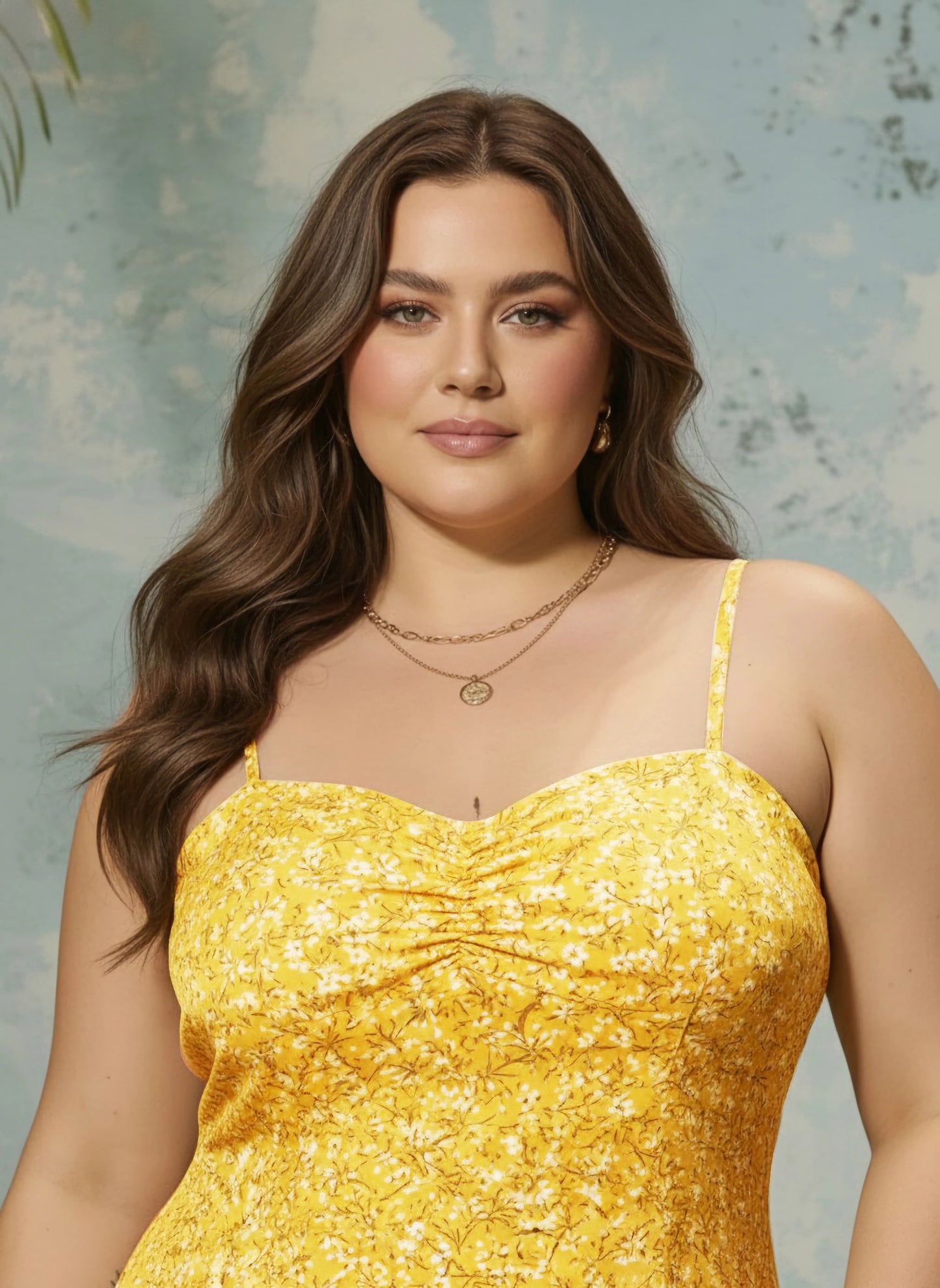 Curve Yellow Floral Printed Sweetheart Neck Sleeveless Thigh-High Slit Straight Hem A-Line Midi Dress