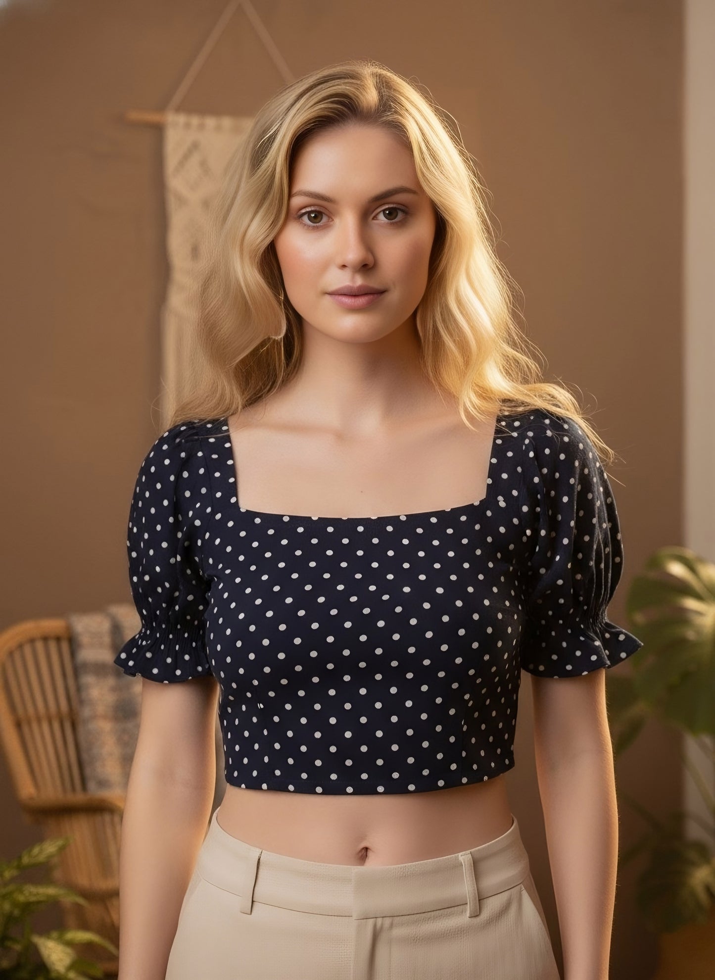 Berrylush Women Navy Blue Polka Dot Printed Crepe Empire Crop Top