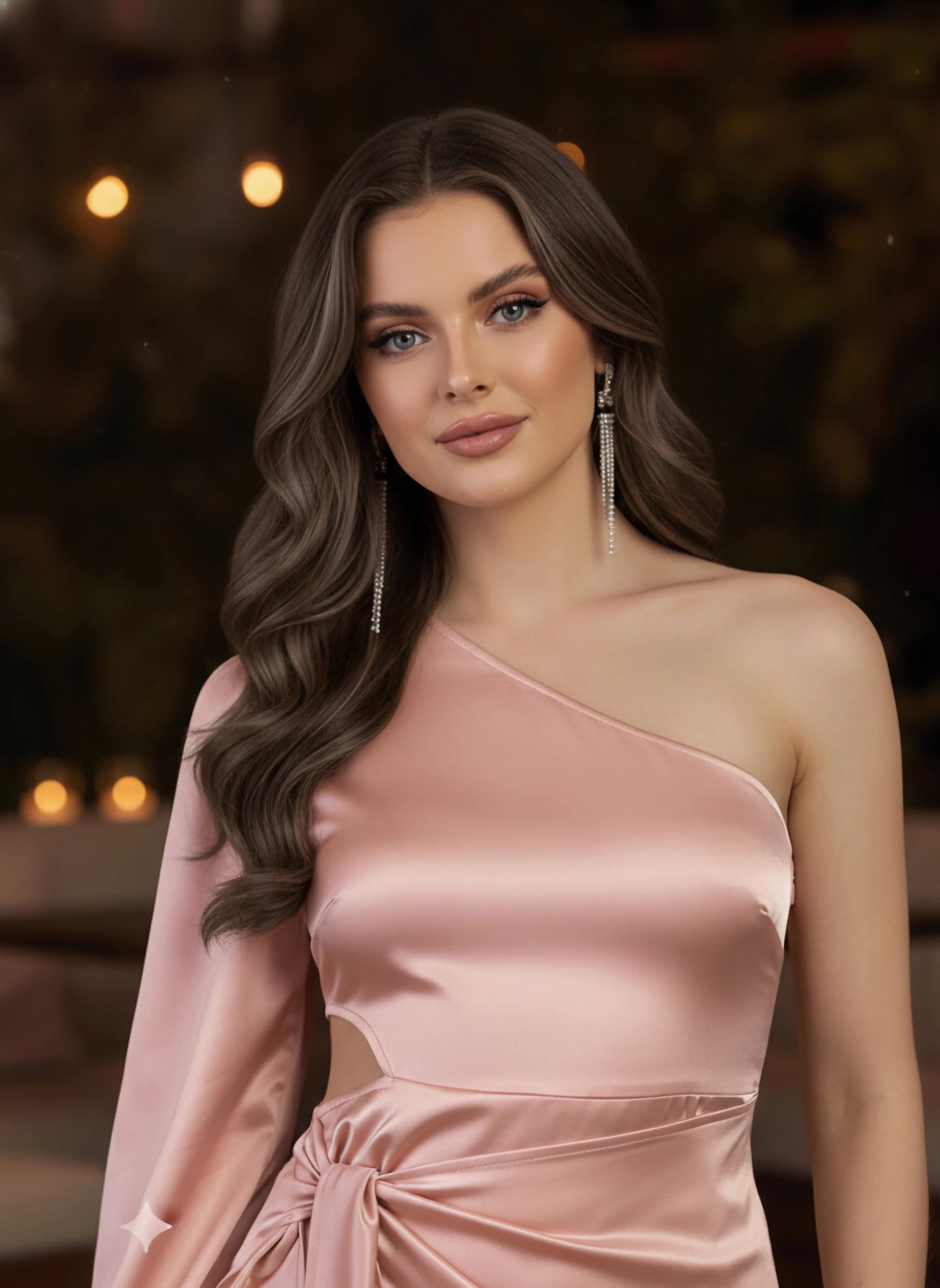 Berrylush Women Solid Pink One-Shoulder Neck Waist Cutout Tie-Up Satin Asymmetrical Hem Pleated Bodycon Mini Dress