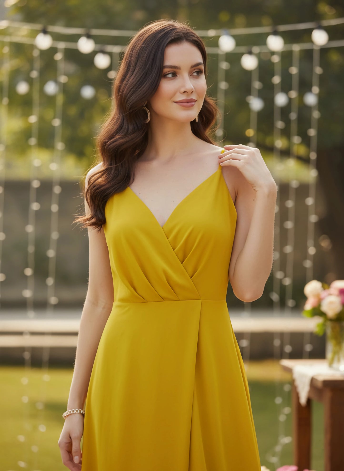 Berrylush Women Solid Yellow V-Neck Sleeveless Crepe Thigh-High Slit A-Line Maxi Dress