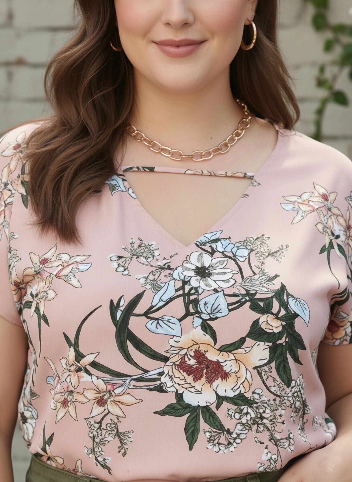 Berrylush Women Plus Size Pink & Green Floral Printed V-Neck Woven Crepe Regular Top