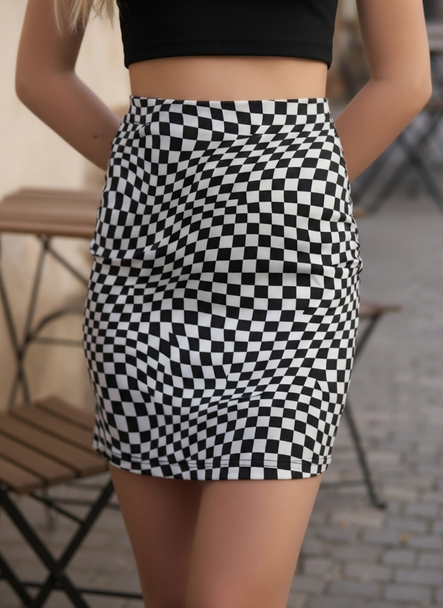 Berrylush Women Solid Black Square Neck Sleeveless Cropped Top & Black & White Checked Print High-Rise Waist Bodycon Mini Skirt Co-Ord Set