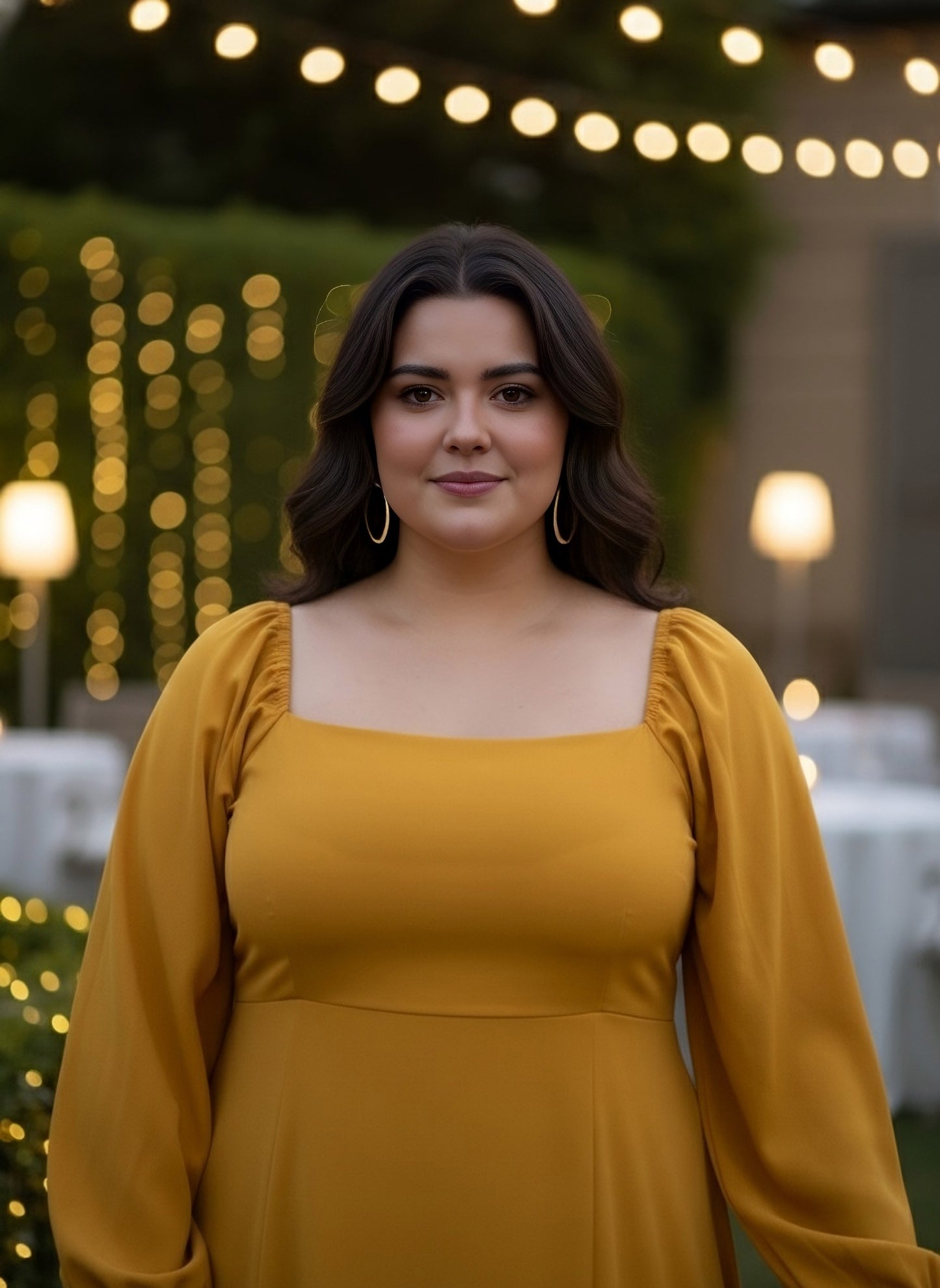 Berrylush Women Plus Size Solid Yellow Square Neck Puff Sleeves Thigh-High Slit Fit & Flare Maxi Dress