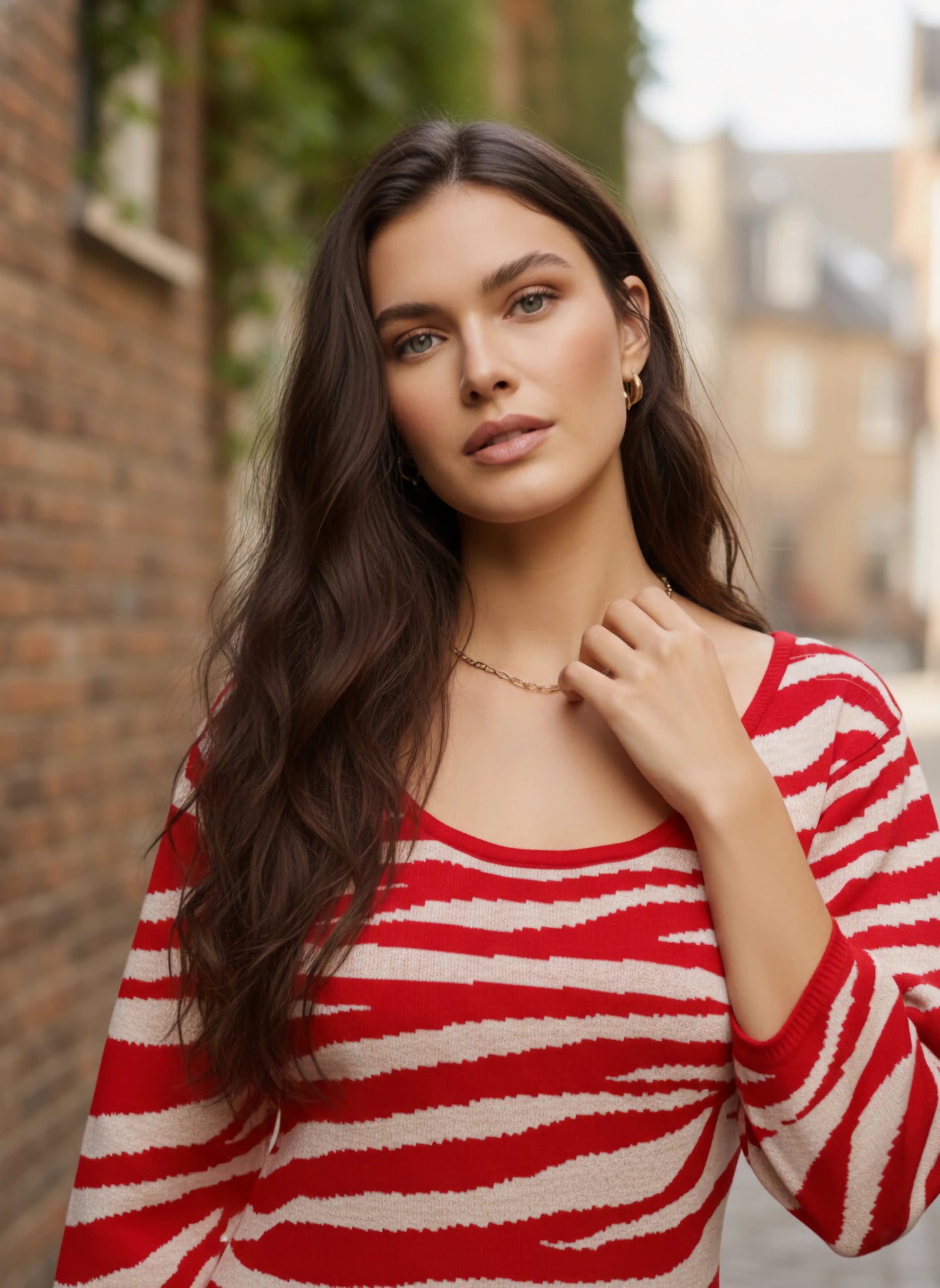 Berrylush Women Red & White Animal Printed Scoop Neck Drop-Shoulder Sleeves Acrylic Straight Hem Knitted Longline Pullover