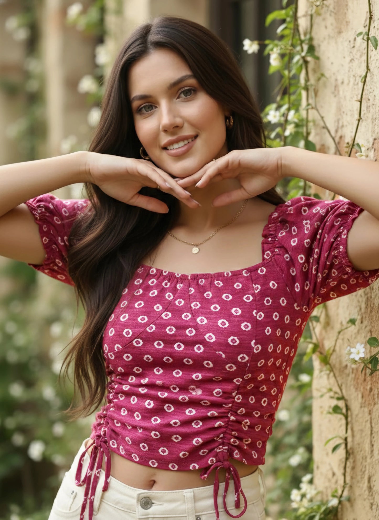 Berrylush Women Pink & White Geometric Printed Square Neck Puff Sleeves Waist Tie-Up Cotton Knitted Crop Top