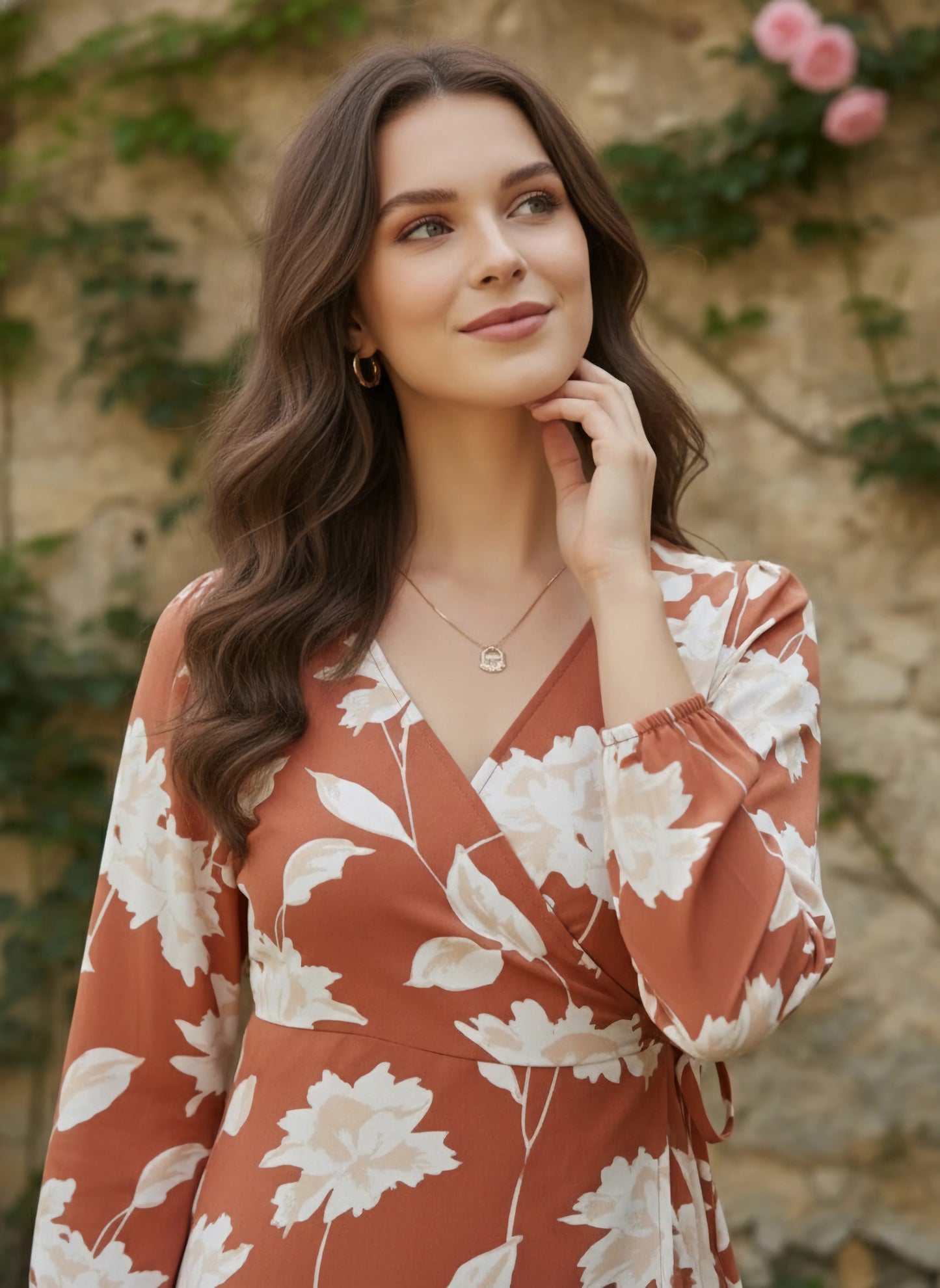 Berrylush Women Brown & White Floral Printed V-Neck Fit & Flare Wrap Mini Dress