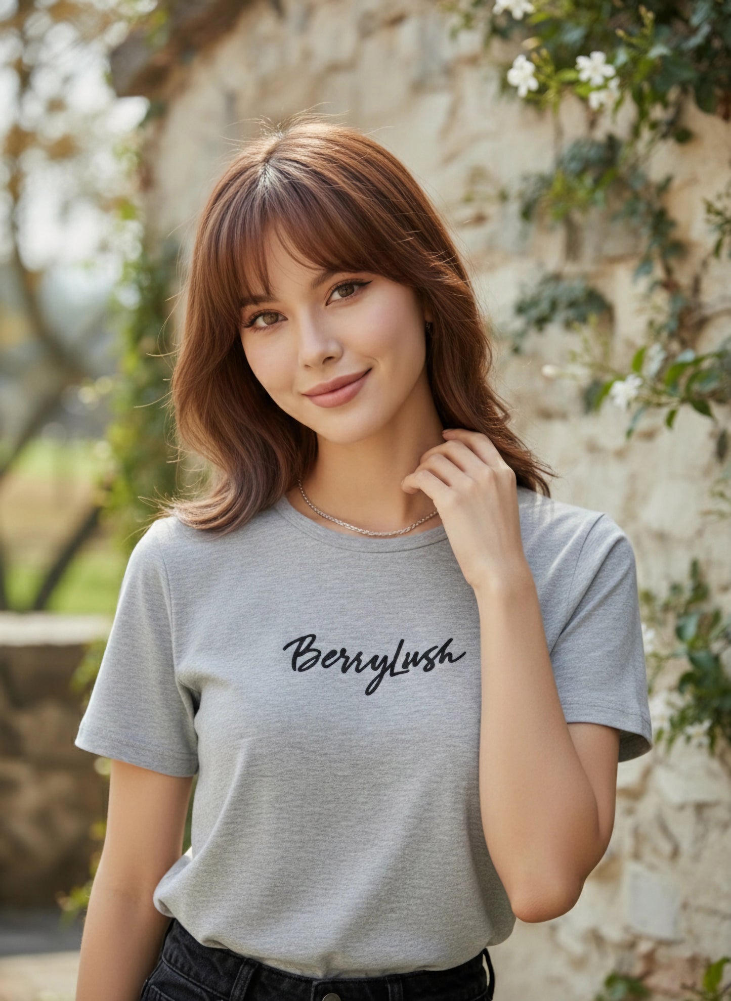 Solid Grey Round Neck Front Brand Logo Short Sleeves Knitted Regular T-Shirt