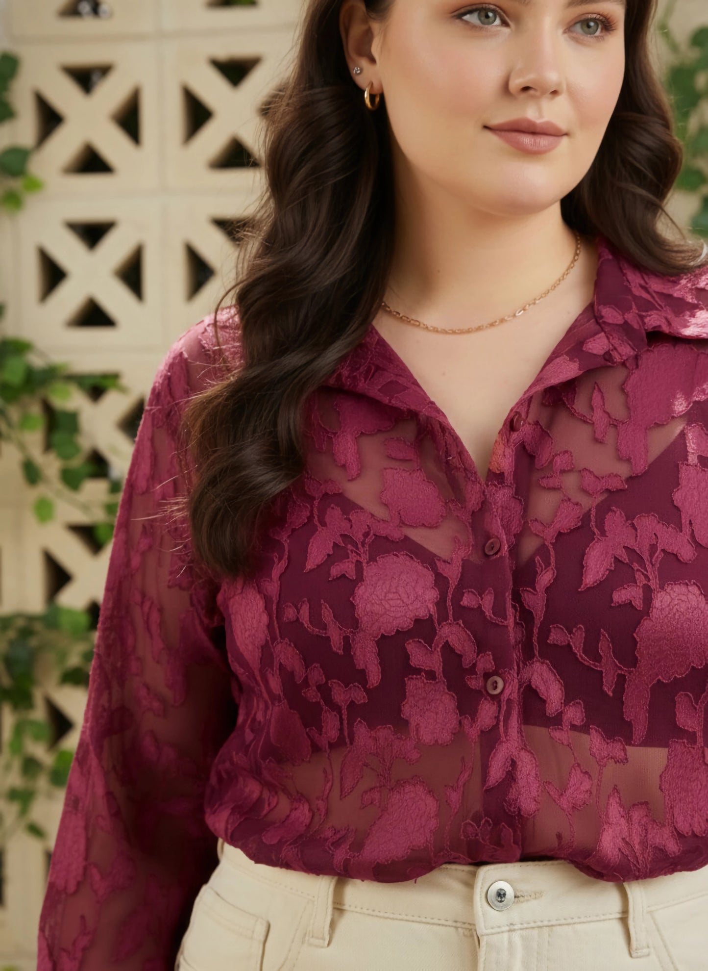 Berrylush Curve Women Maroon Floral Printed Spread Collar Neck Bishop Sleeves Button-Up Regular Shirt