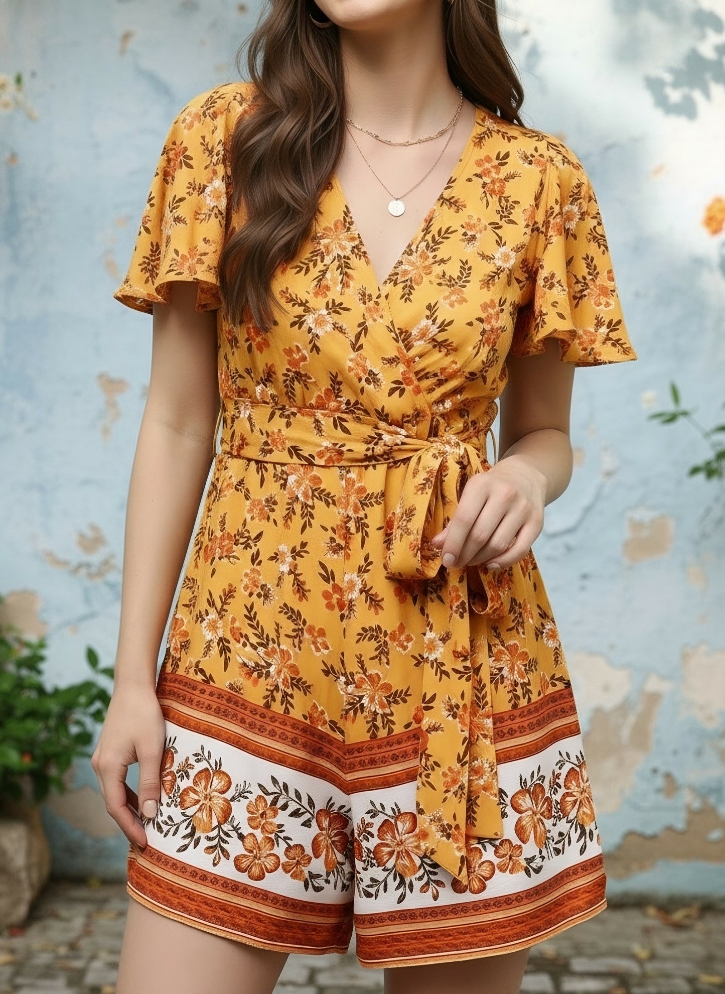 Berrylush Women Yellow & Orange Floral Printed V-Neck Waist Tie-Up Wrap Mini Playsuit