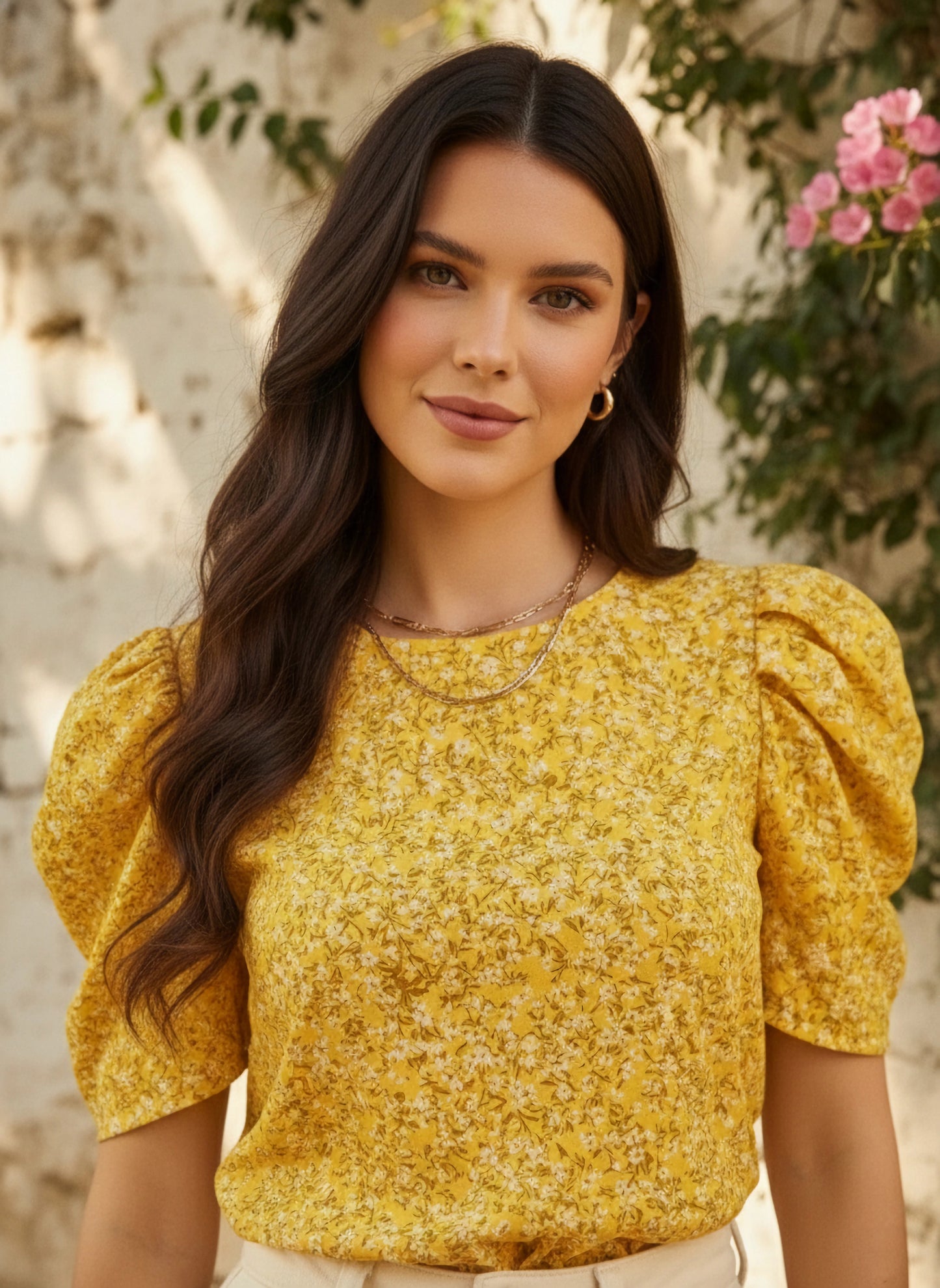 Yellow & White Floral Printed Round Neck Puff Sleeves Back Keyhole Pleated Regular Top