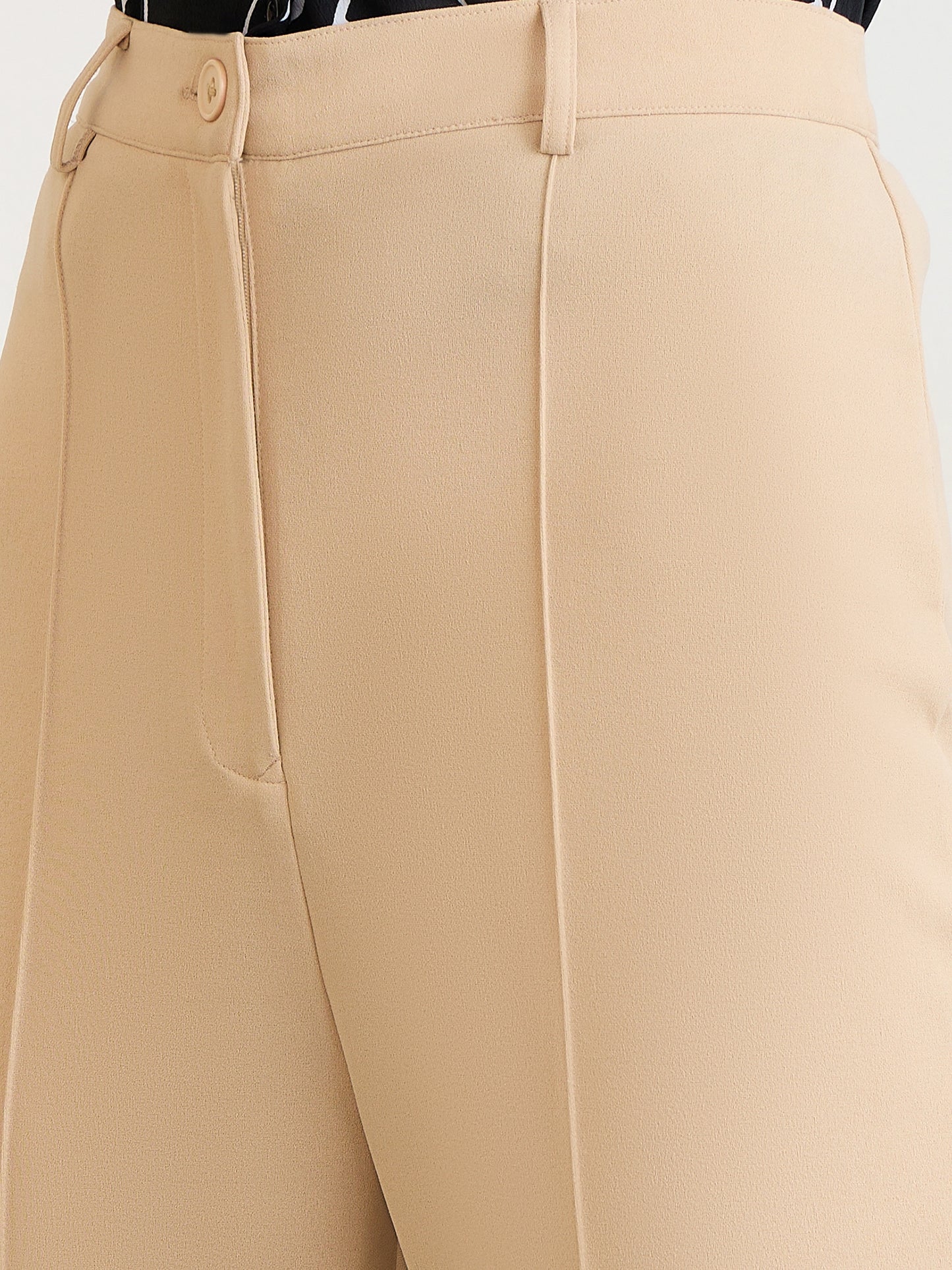 Berrylush BIZwear Women Solid Beige High-Rise Waist Straight-Leg Front-Pleat Knitted Regular Trousers