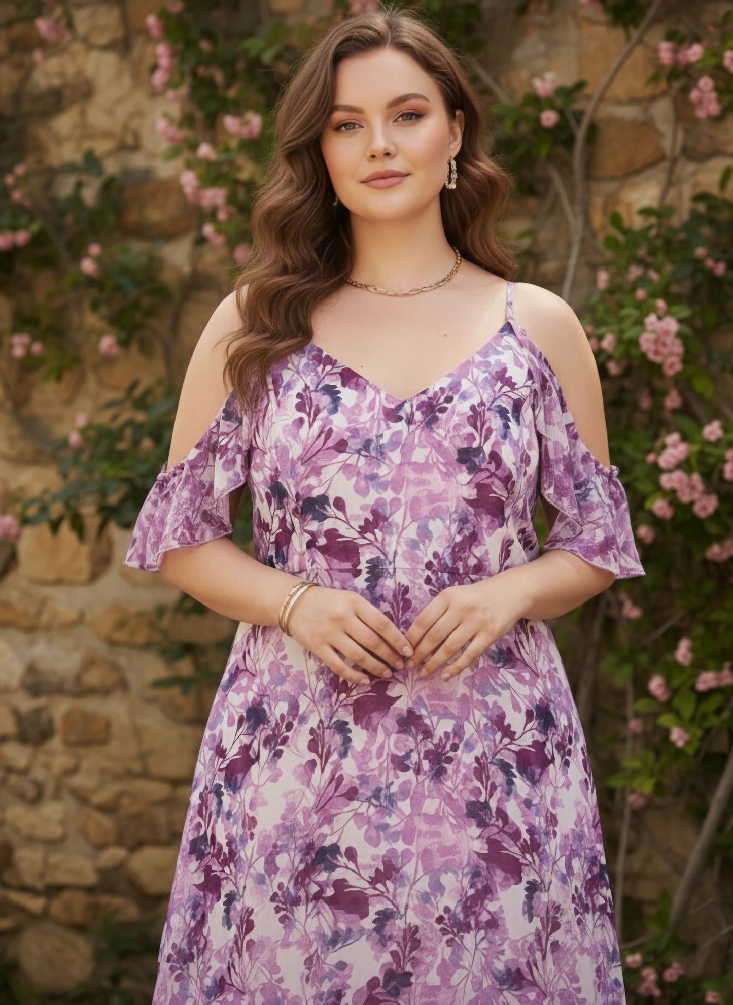 Plus Size White, Purple, & Navy Blue Floral Printed V-Neck Cold-Shoulder Sleeve Backless Georgette Layered Maxi Dress