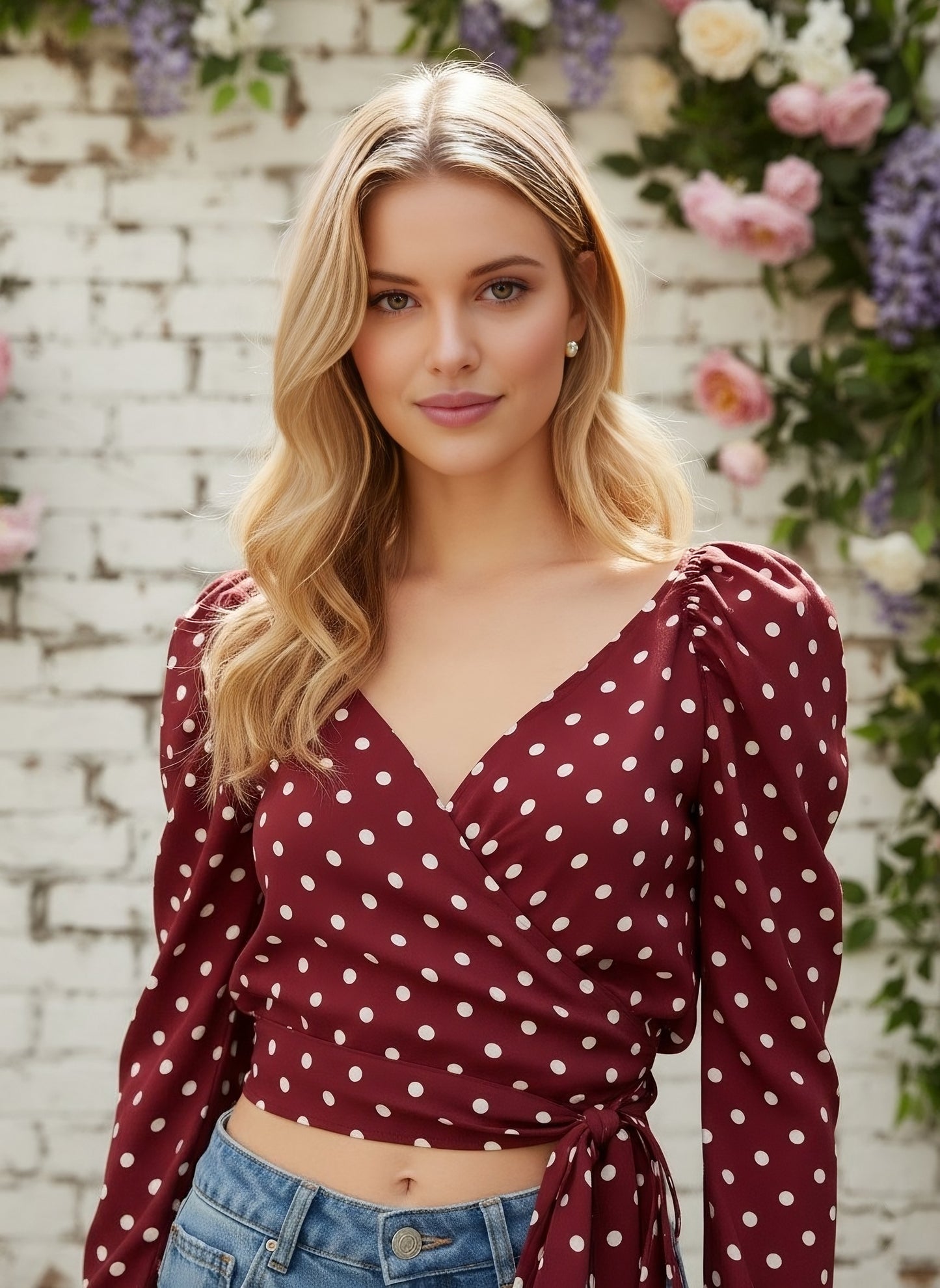 Berrylush Women Red Puff Sleeve Wrap Polka-Dot Crop Top