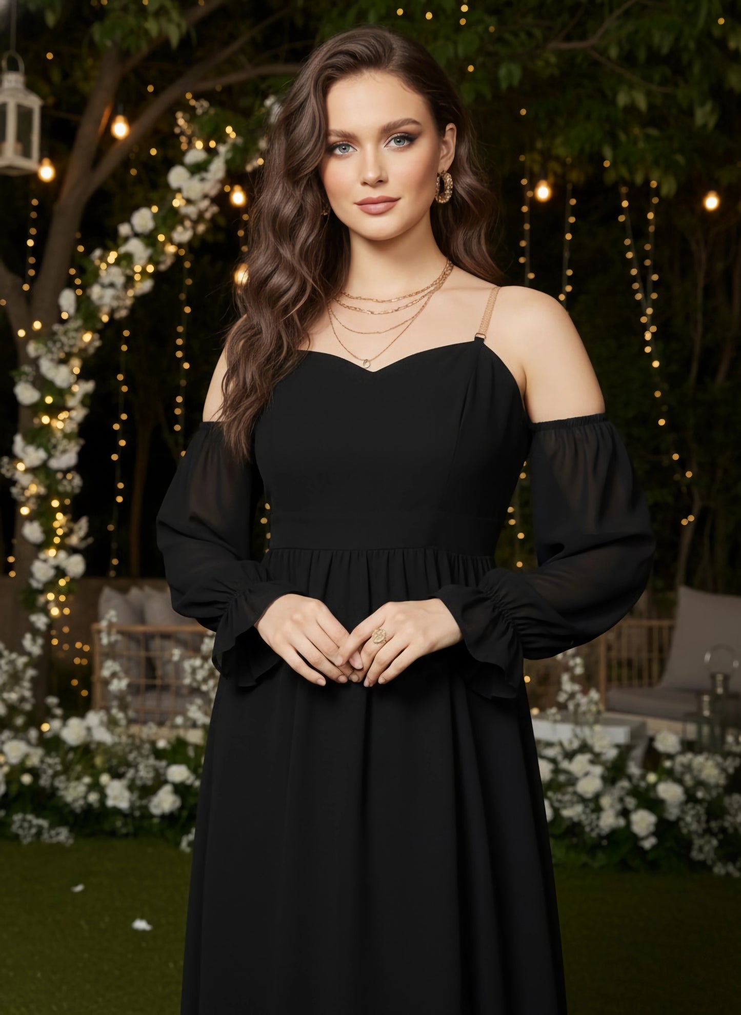 Berrylush Women Black Solid Shoulder Straps Long Sleeve Maxi Dress