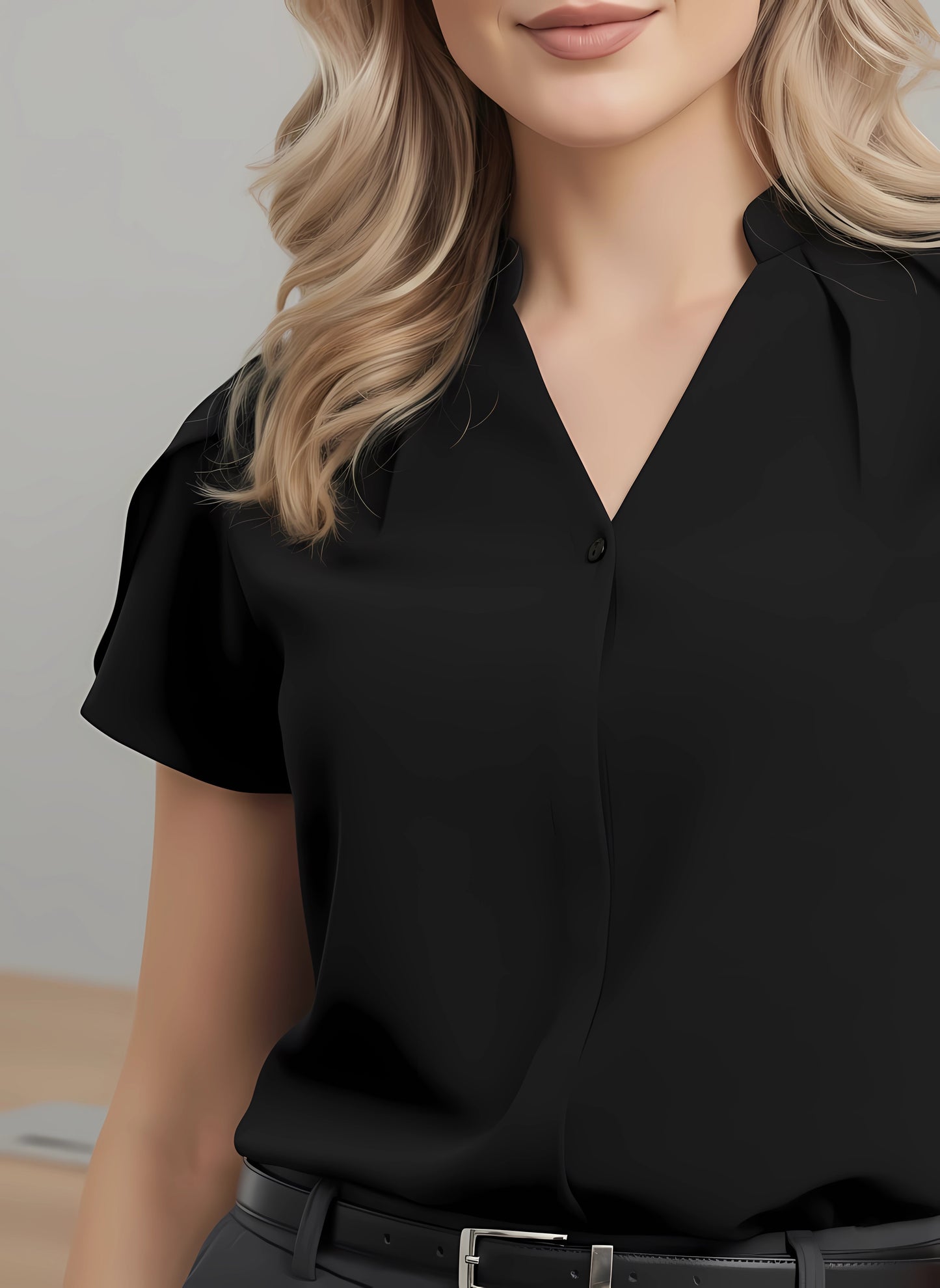 Berrylush BIZwear Women Solid Black Mandarin Collar Neck Flutter Sleeves Front Button-Up Regular Top