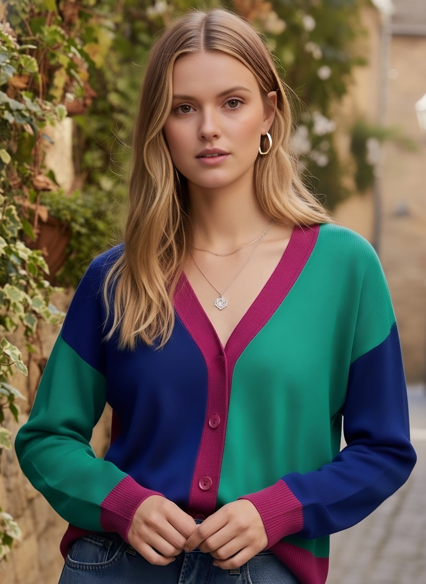 Berrylush Women Colourblocked Pink, Green, & Blue V-Neck Drop-Shoulder Sleeves Front Button-Up Straight Hem Knitted Regular Cardigan