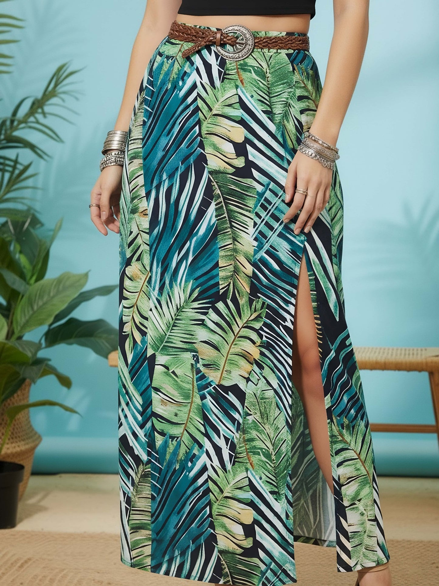 Berrylush Women Black & Green Tropical Printed High-Rise Waist Straight Hem Thigh-High Slit A-Line Maxi Skirt